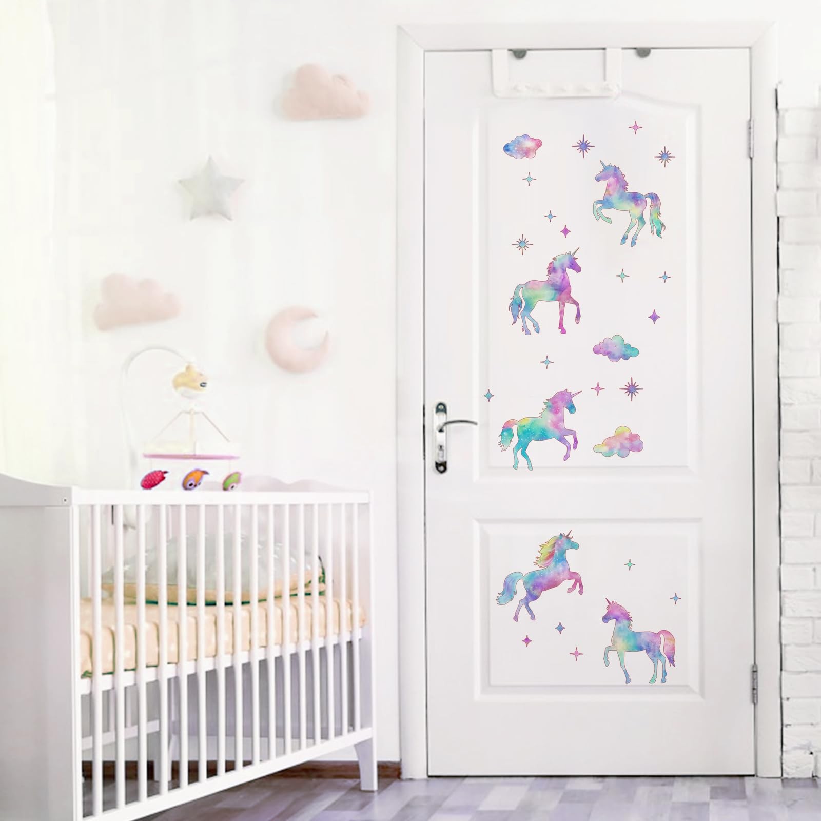 Galaxy Unicorn Wall Decals Stickers, Pastel Gradient Glitter Clouds Stars Nur…