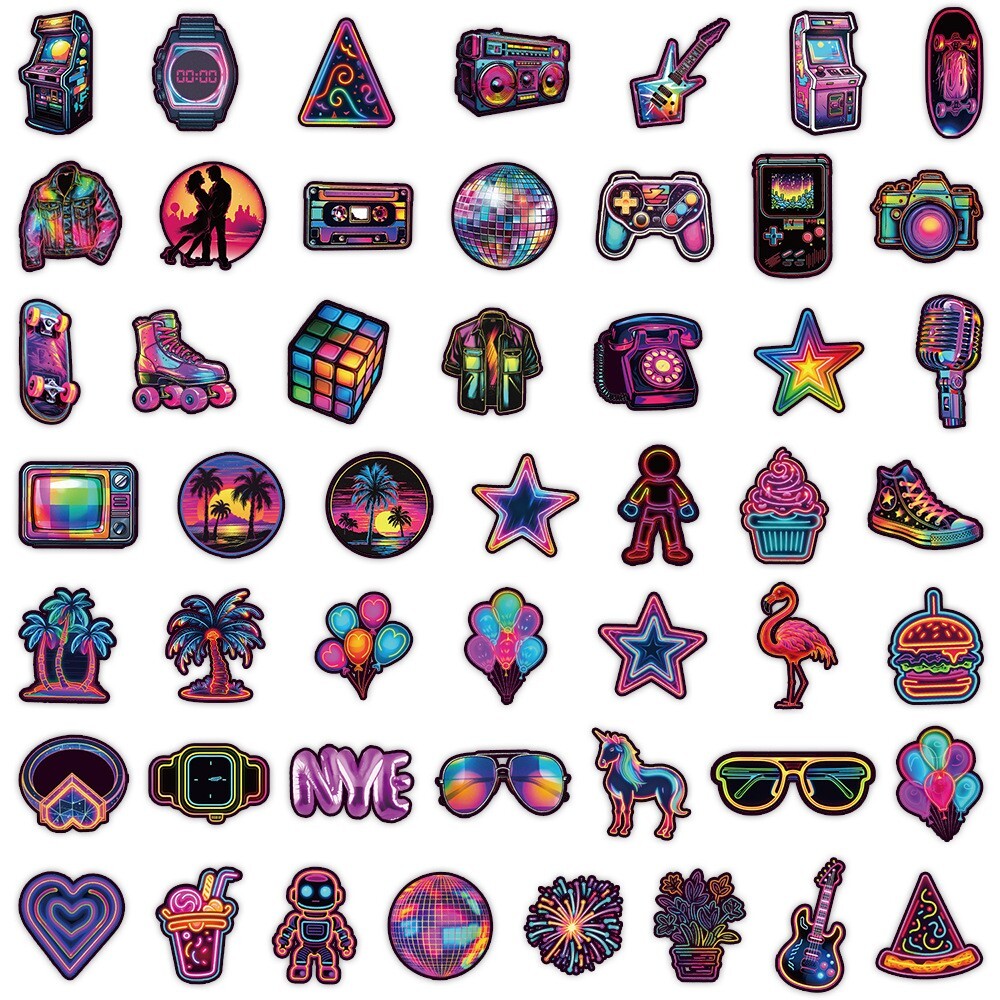 50 Pcs Stickers Variety Neon Style Skateboard Luggage Phone Car Helmet Decal