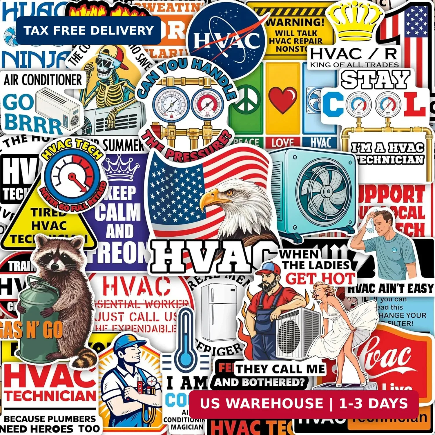 100Pcs HVAC Stickers Hard Hat, Water Bottle, Laptop – HVAC Toolbox Decals – Air