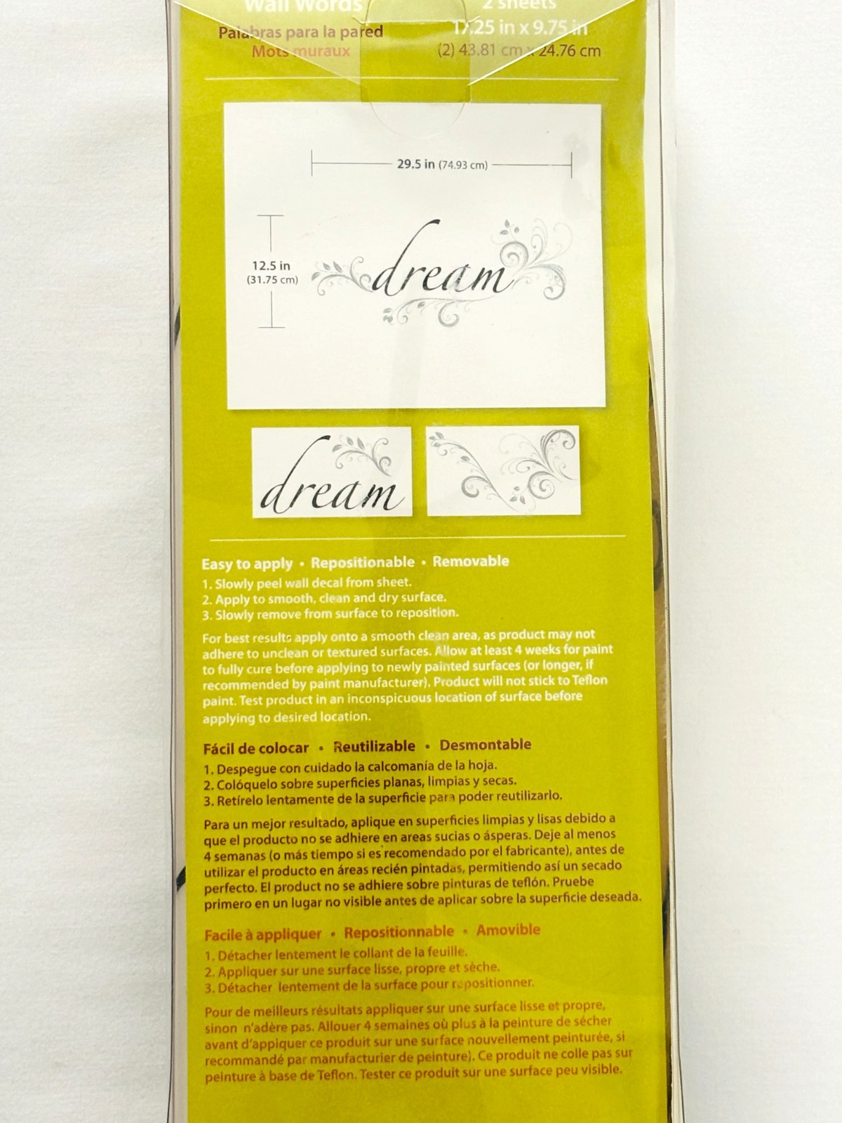 Wall Pops Wall Words "Dream" Wall Decor Peel Stick & Remove 2-Sheets 17.25 x9.75