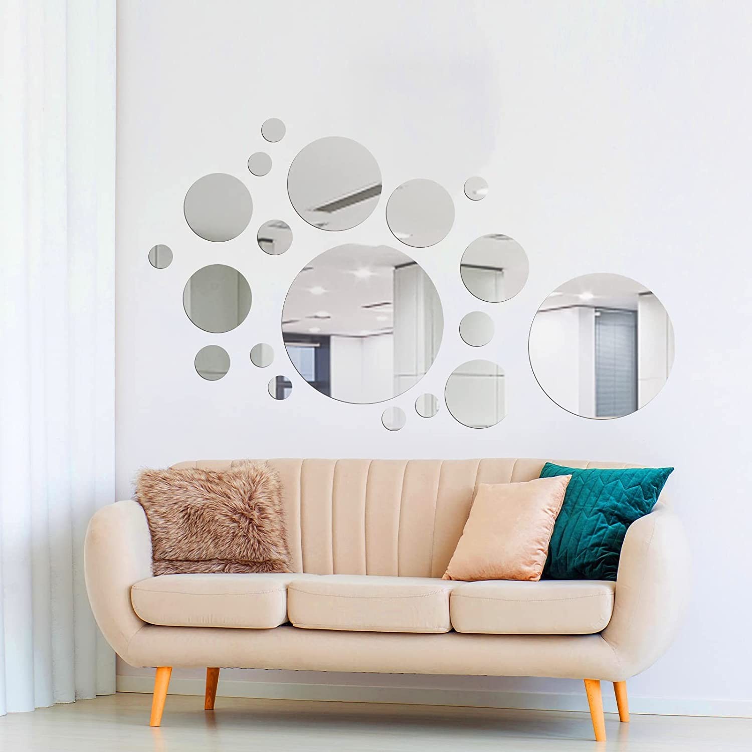 Shappy 32 Pcs Acrylic Mirror Wall Stickers Removable Round Small Size, Silver