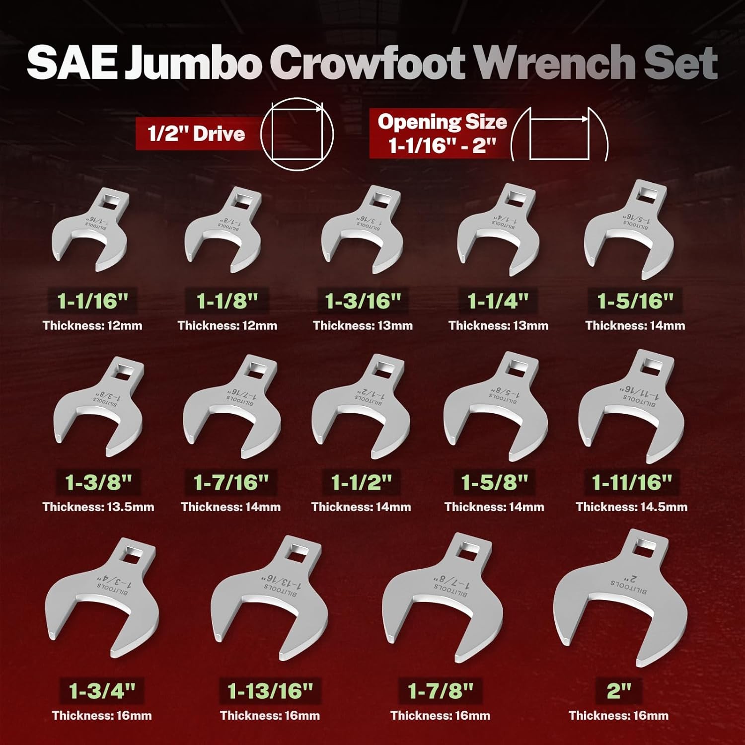 14-Piece Jumbo Crows Foot Wrench Set, 1/2" Drive Big Crowfoot Wrench, SAE, 1-1/