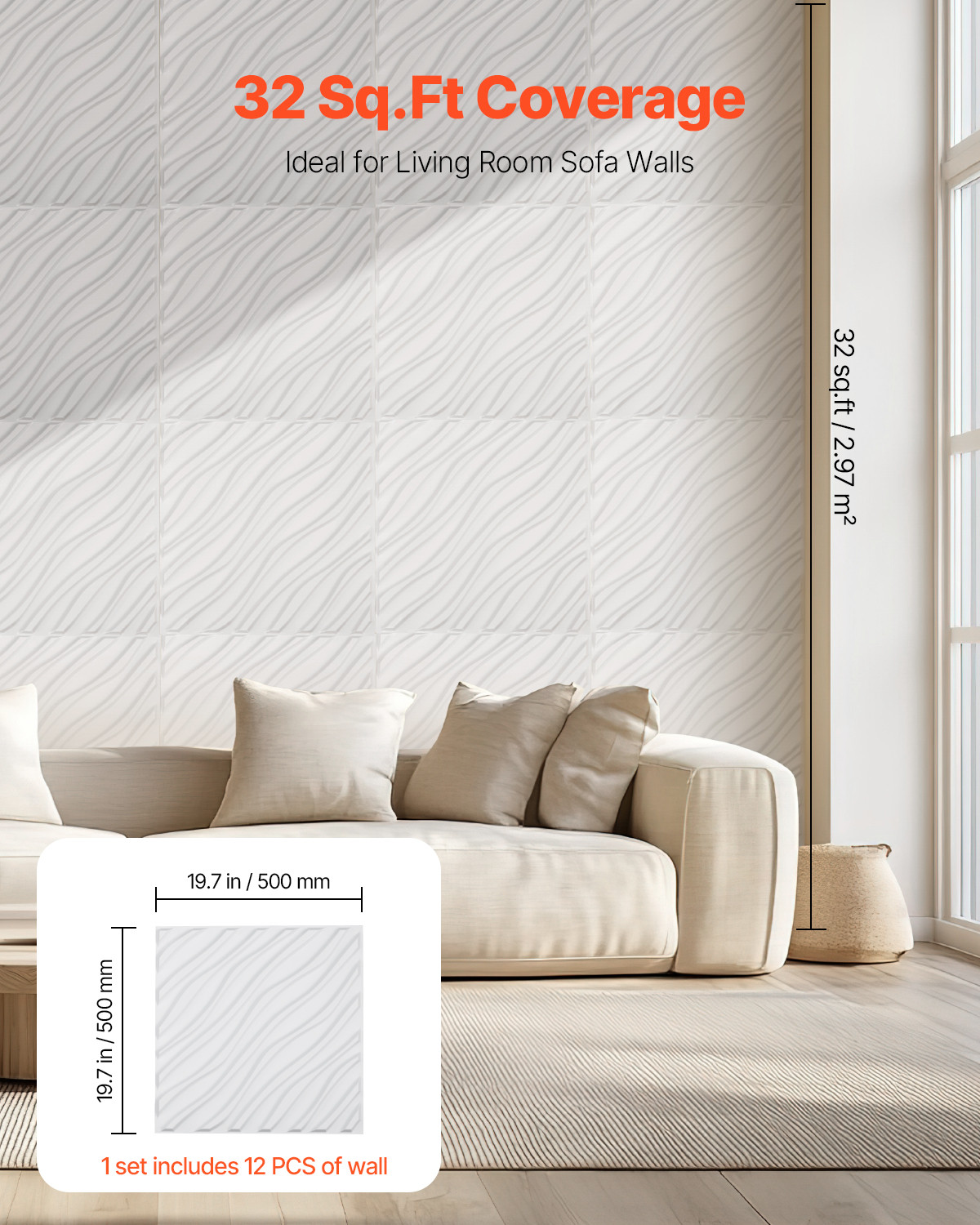 3D Wall Panels 12-Pack 19.7 x 19.7 inch PVC 32 Sq.Ft Coverage Wave Matte White