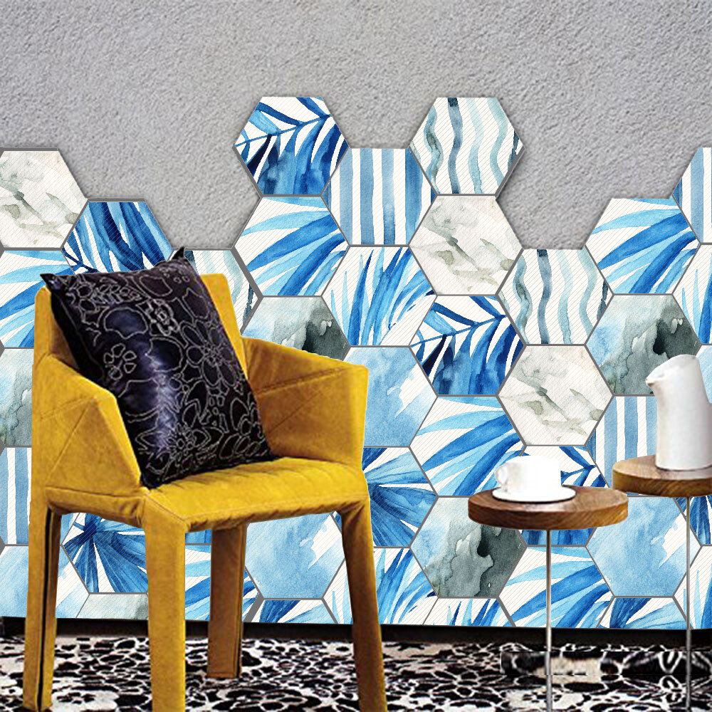 Blue Ink Painting Self-Adhesive Non-Slip PVC Home Floor Wall Tile Sticker 10Pcs