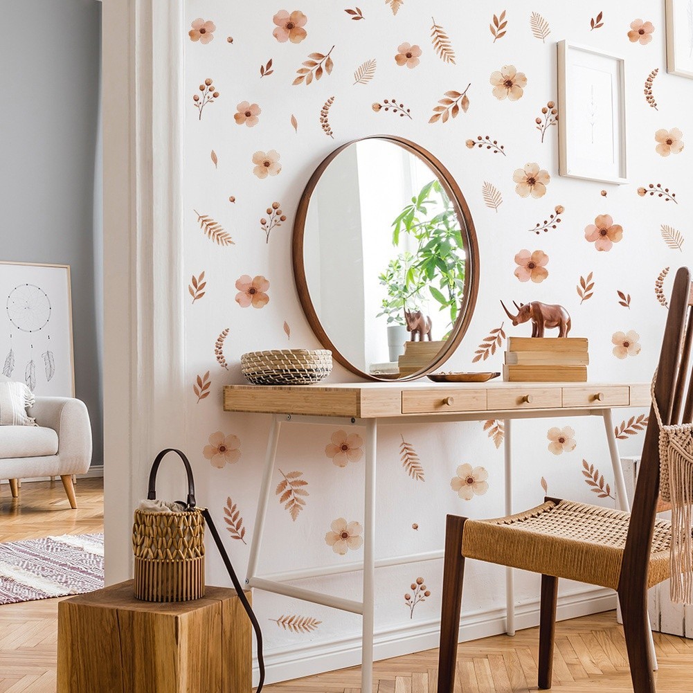 PVC Floral Leaves Wall Art Stickers for Living Room Bedroom Home Decor 29x20cm