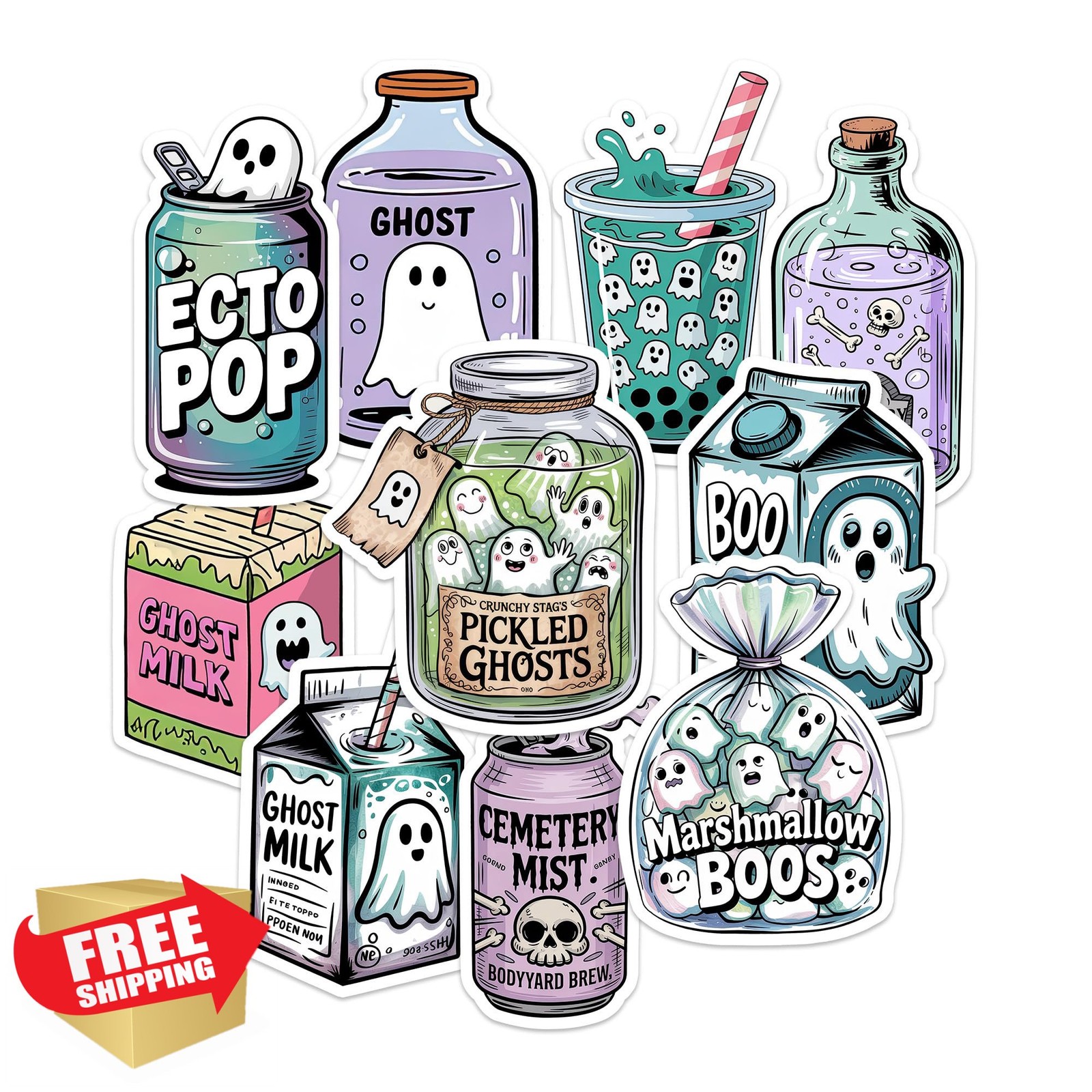 TinymalsDesign Ghost Foods Sticker Pack 10pcs Halloween
