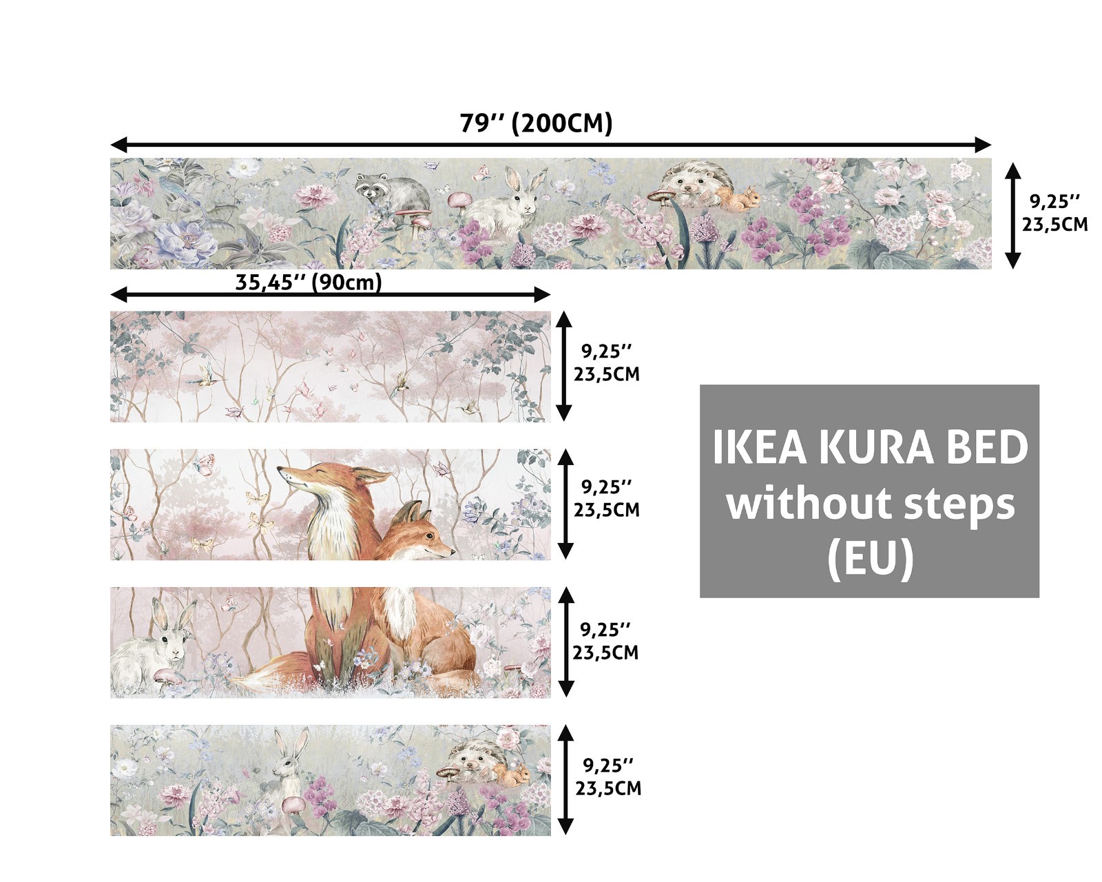 PFox Woodland IKEA KURA Bed Decals, Pastel Forest Vinyl Stickers, Peel and Stick