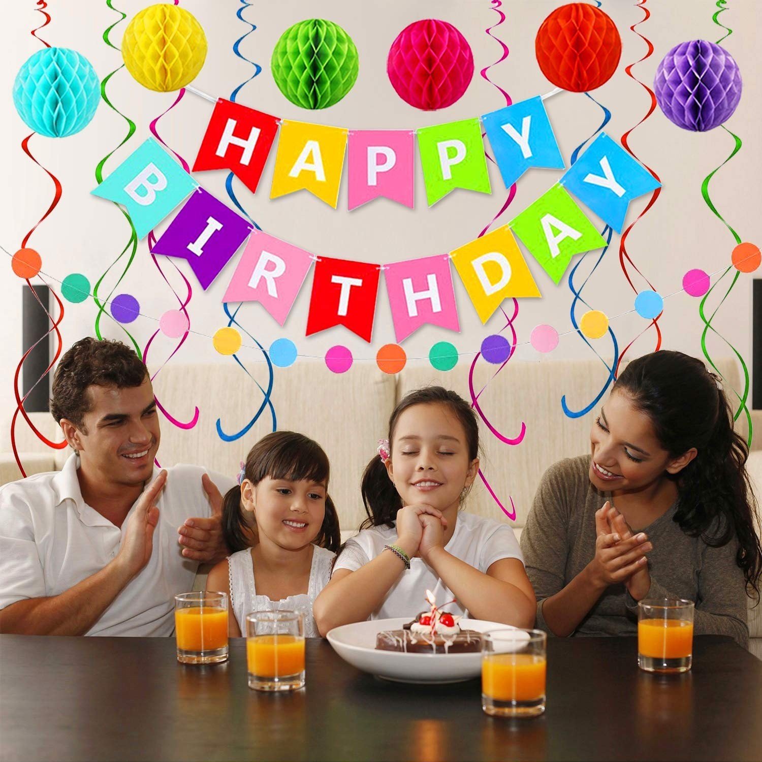 Happy Birthday Banner, Rainbow Birthday Banner, 6 Honeycomb Balls, 8 Metallic…