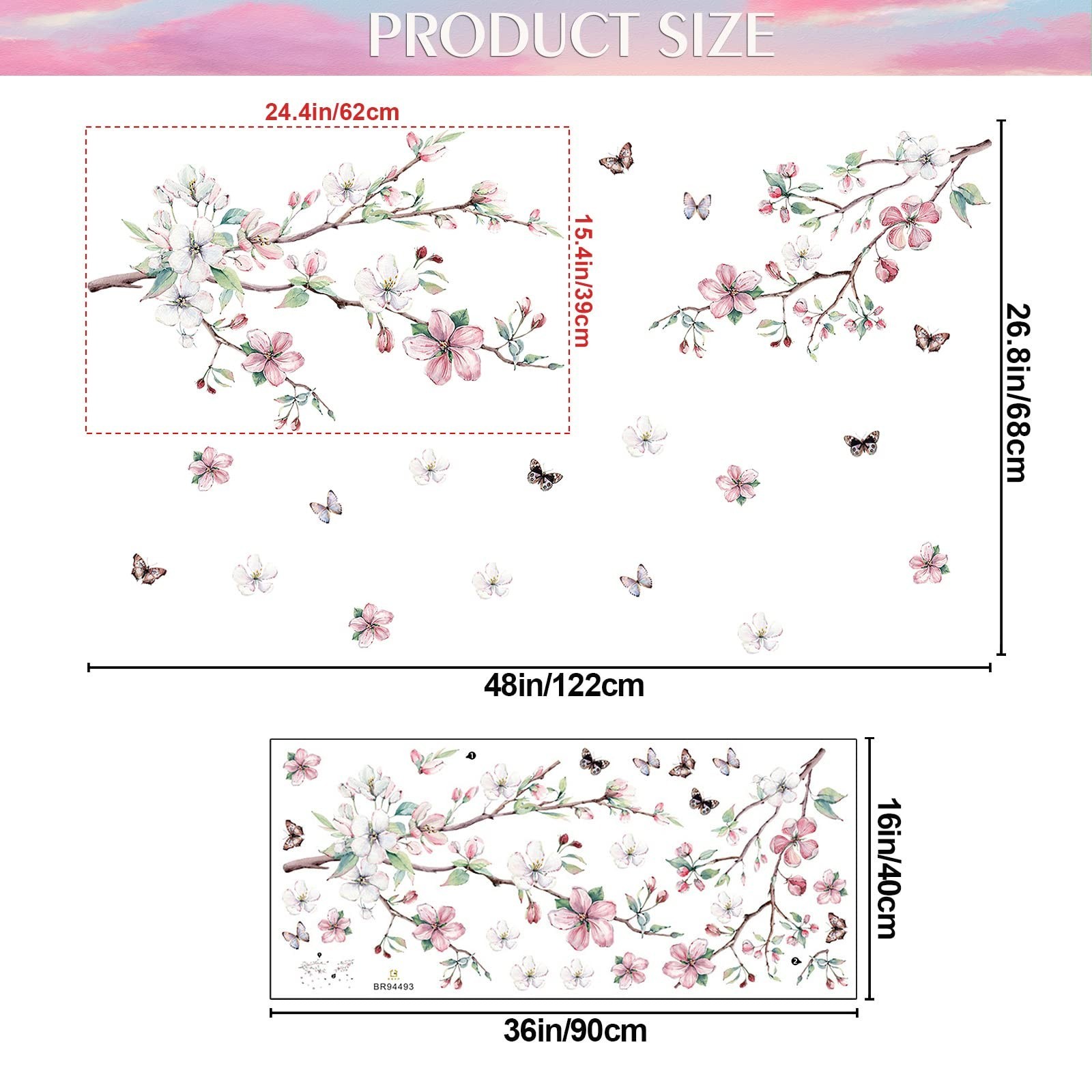 AM AMAONM Removable 3D Ink Style Brown Tree Branches and Pink WhiteFlower Wal…