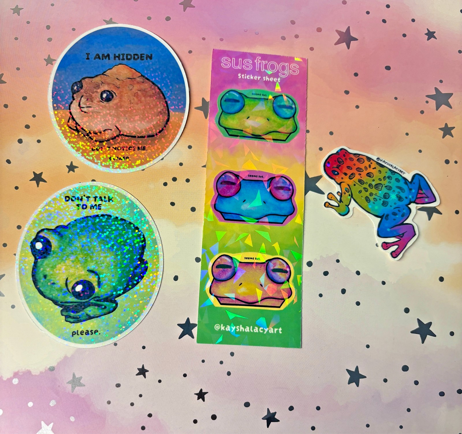 Socially Awkward Frog Pack of 6 Holographic Vinyl Stickers by KayshaLacyArt