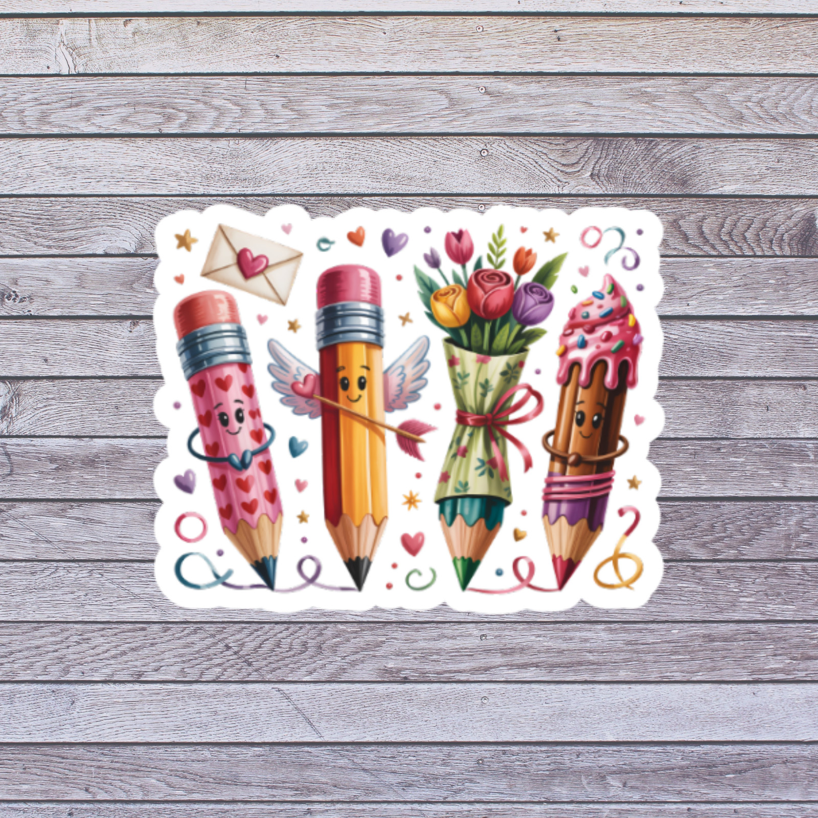 Love Sticker Vinyl Decal Cute Pencil Characters Valentines Teacher Gift