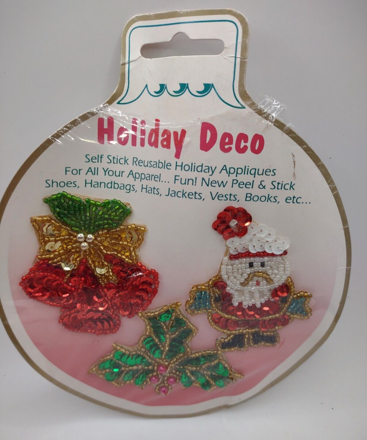 Vintage HOLIDAY DECO Self Stick Sequin Appliques Christmas Santa Bells Holly