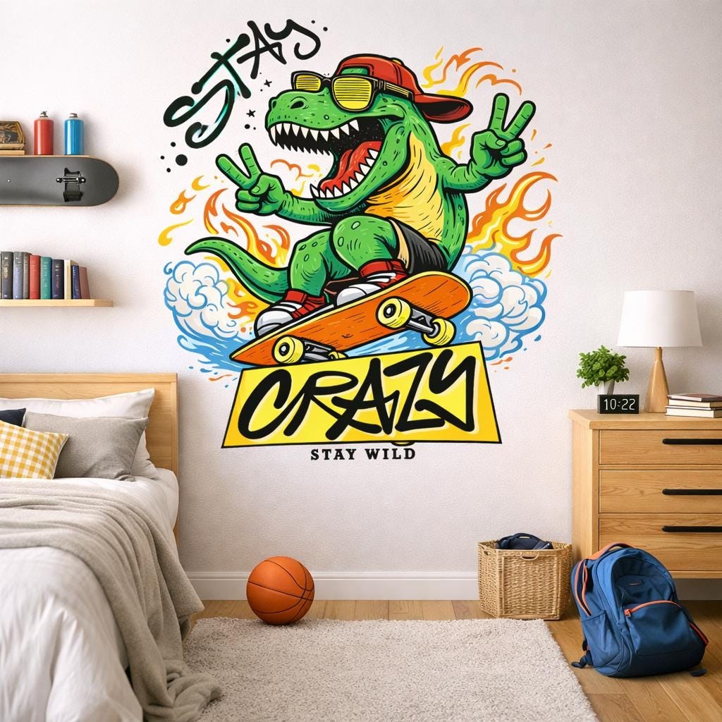 Skateboarding T-Rex Decal | Stay Crazy Dinosaur Sticker