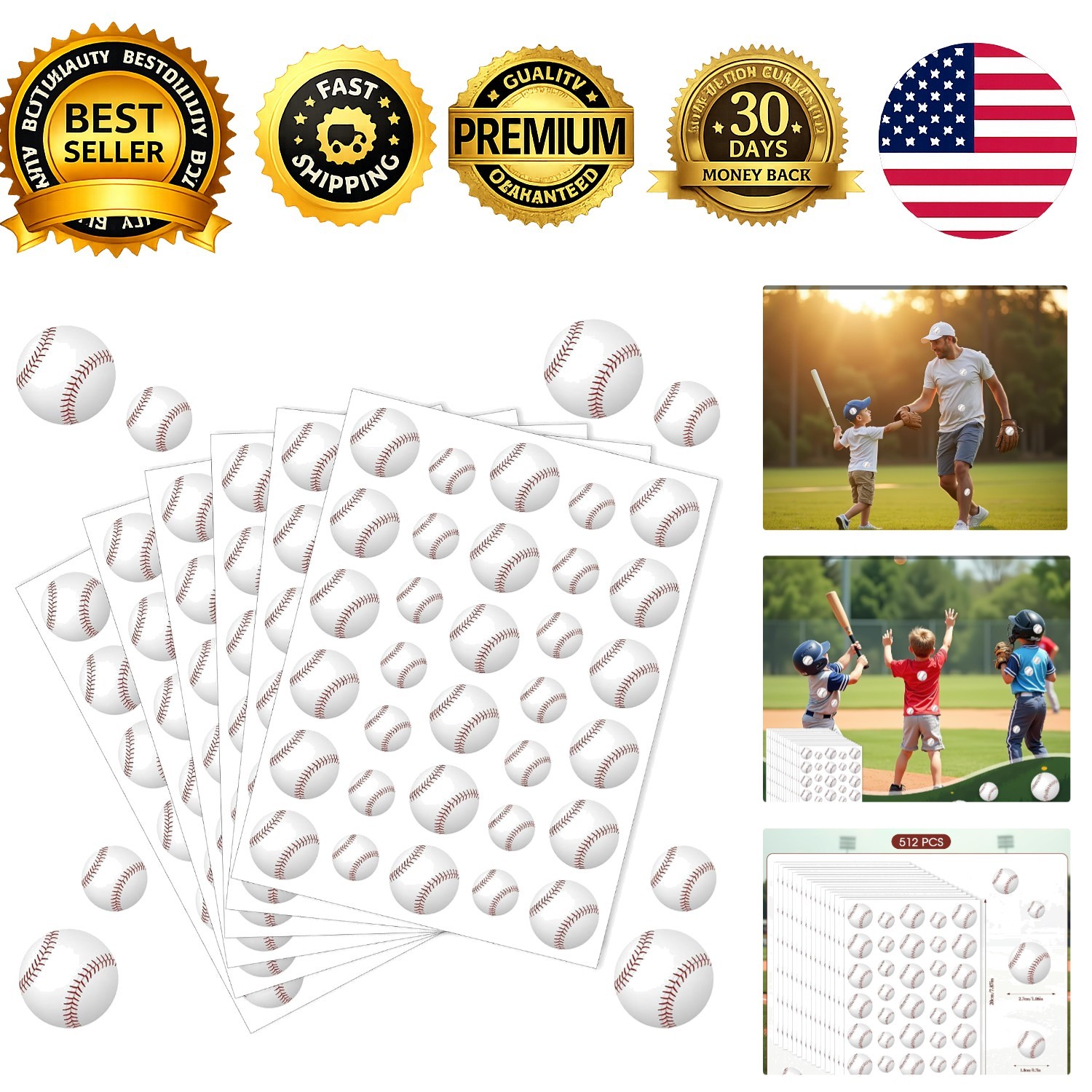 512Pcs Baseball Stickers Kids Self-Adhesive Water-Repellent Sports Helmet