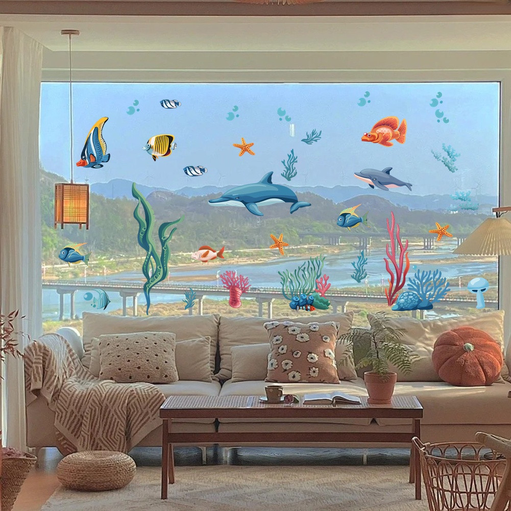for Blue Sea Life Static Cling Window Decal PVC Material for Kitchen Bathroom