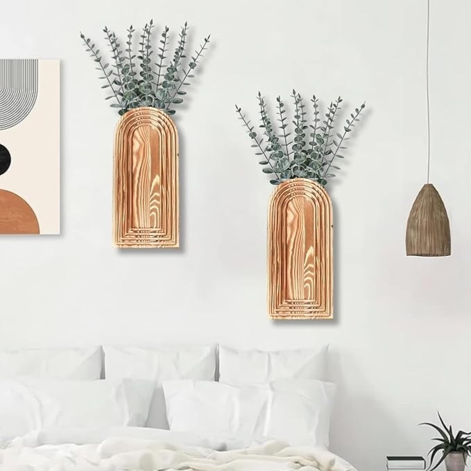 2 Pack Wooden Wall Vase Set Brown Farmhouse Boho Decor Hallway Entry