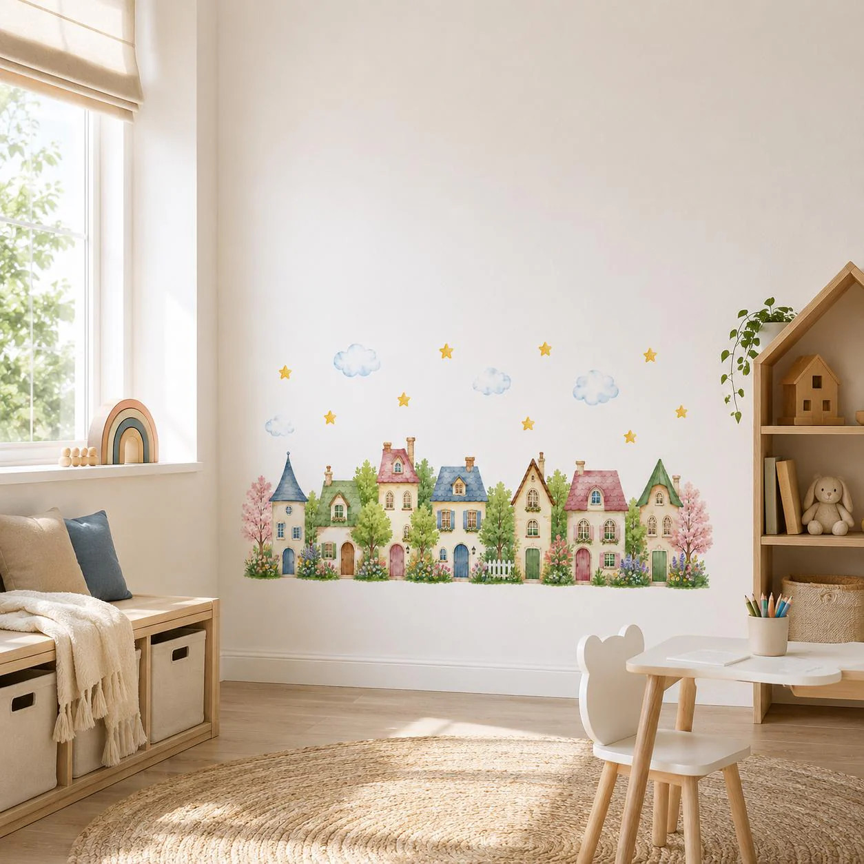 Watercolor Village Houses Wall Vinyl Decal | Cute Cottage Town Sticker