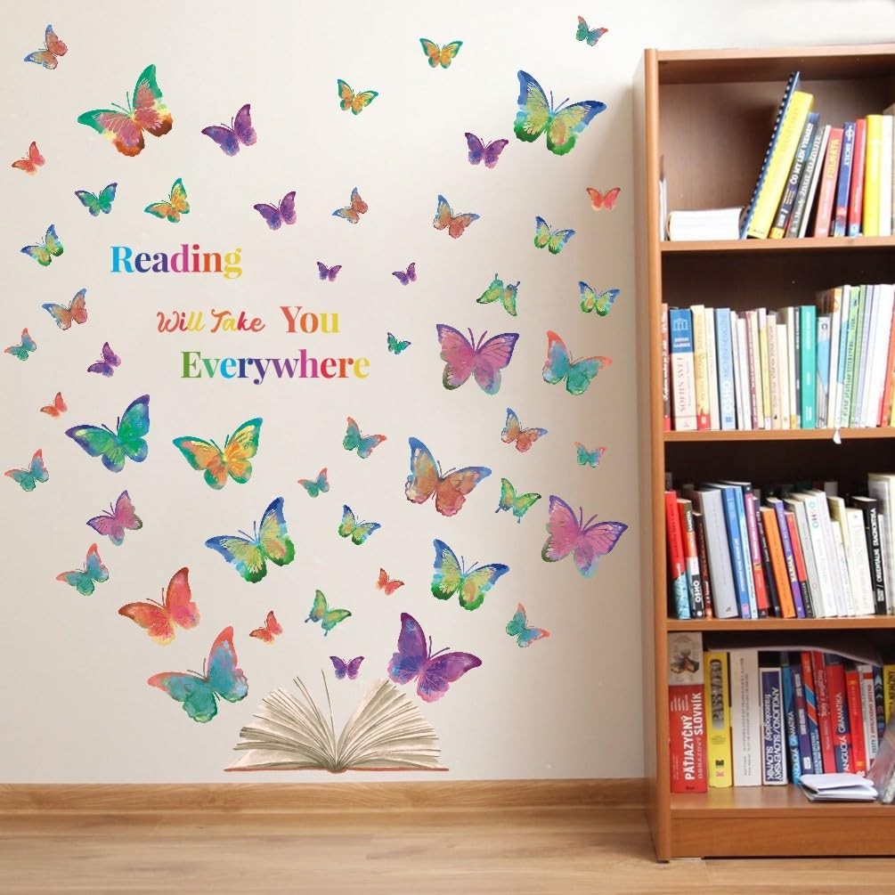Colorful Butterfly Reading Book Wall Decal, Reading Will Take You Everywhere …