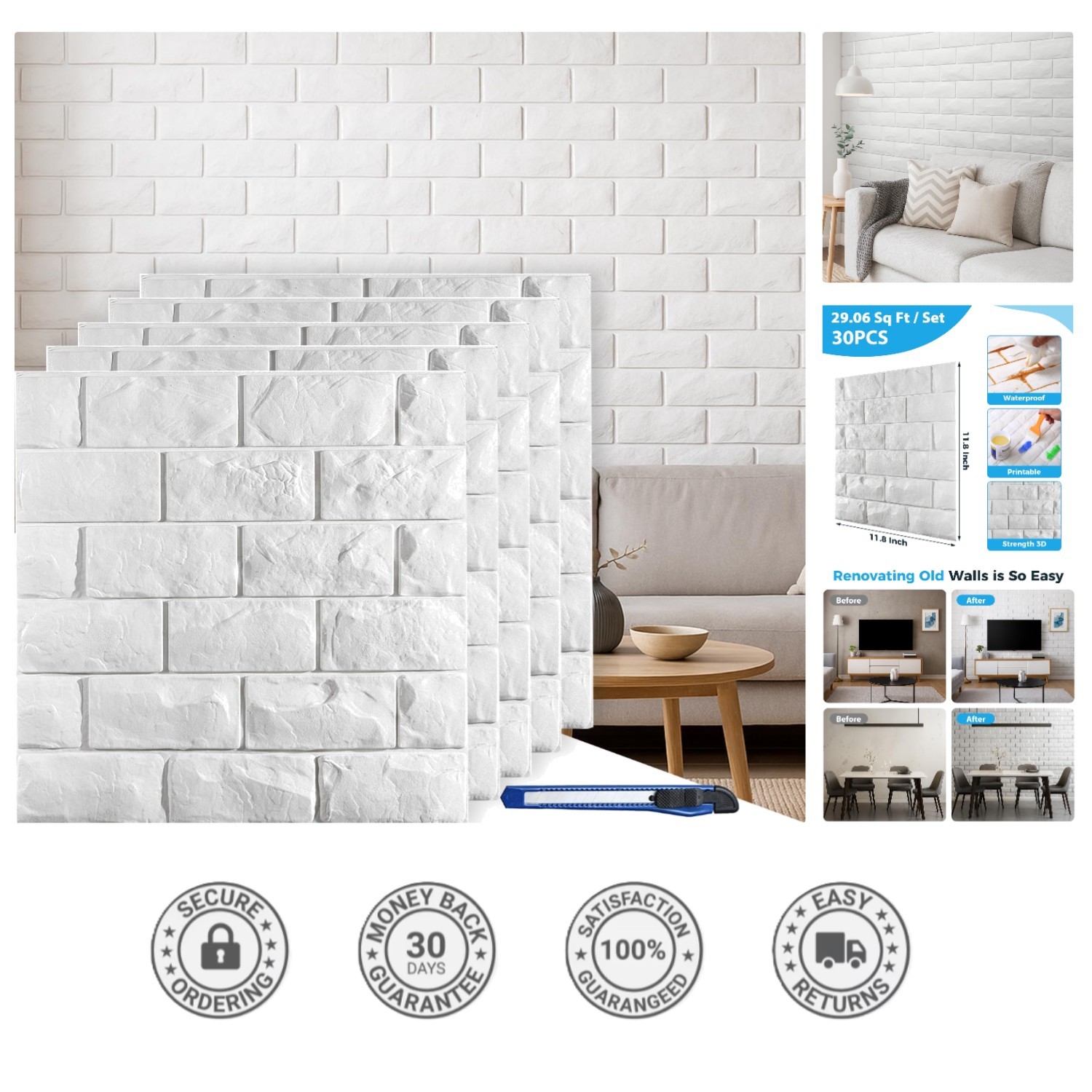 Transform Your Space: 30 Pcs 3D Printable White Brick Wall Panels – 29.06 sq ft