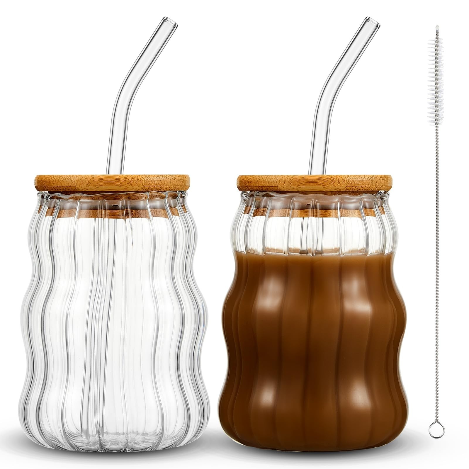 Domensi 2 Pcs 18 oz Creative Glass Cups with Lids and Straws Wave Shape Cute …