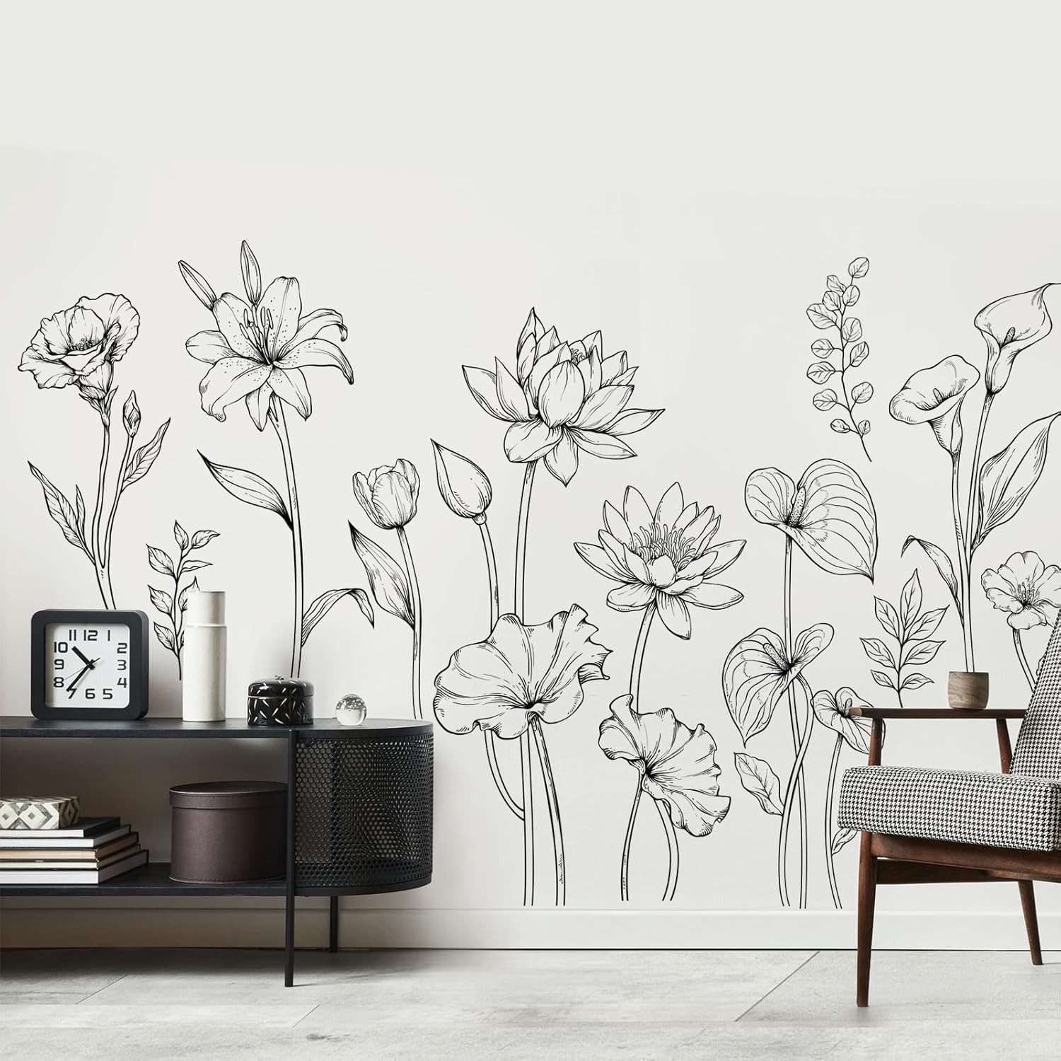 Large Black and White Flower Wall Decals Simple Modern Multi-colored