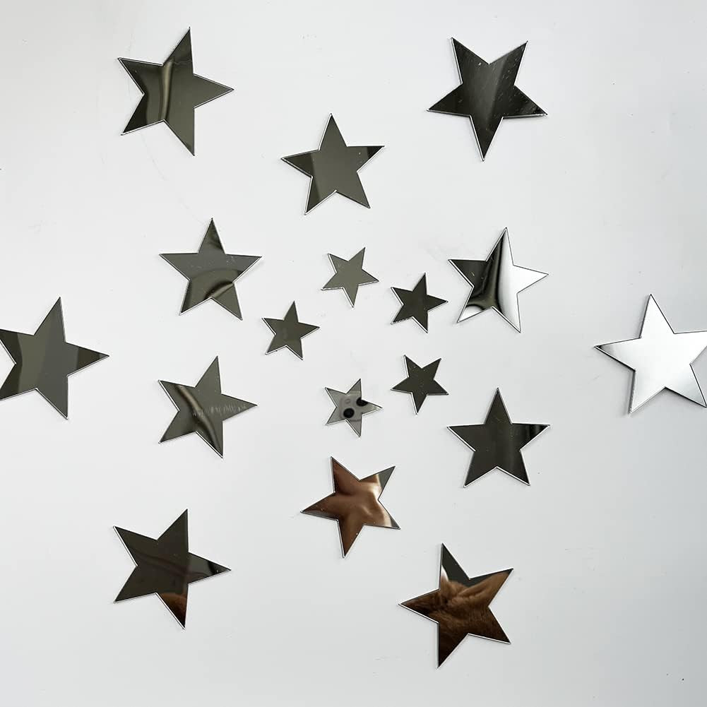 40Pcs Silver Stars Acrylic Mirror Wall Stickers with Adhesive Art Decal Satin…