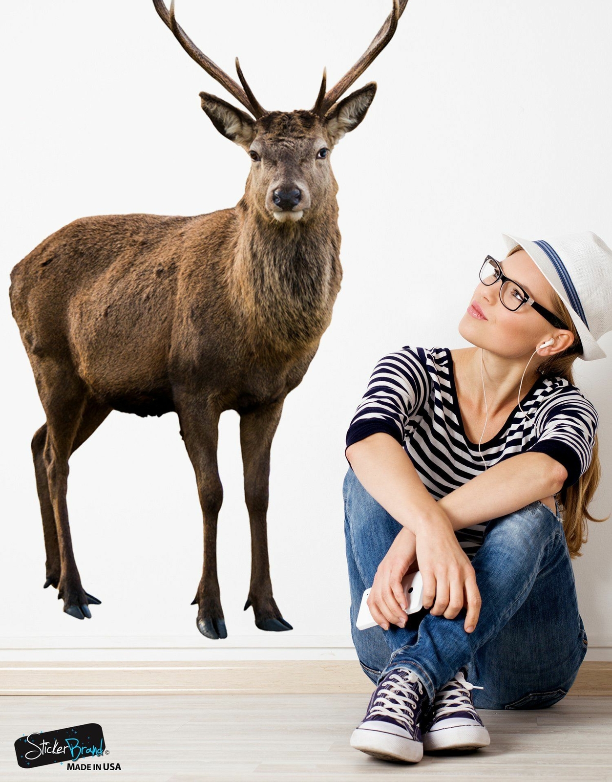 Wildlife Nature Deer Wall Decal Sticker. Posing and Staring. Large Horn Buck wit