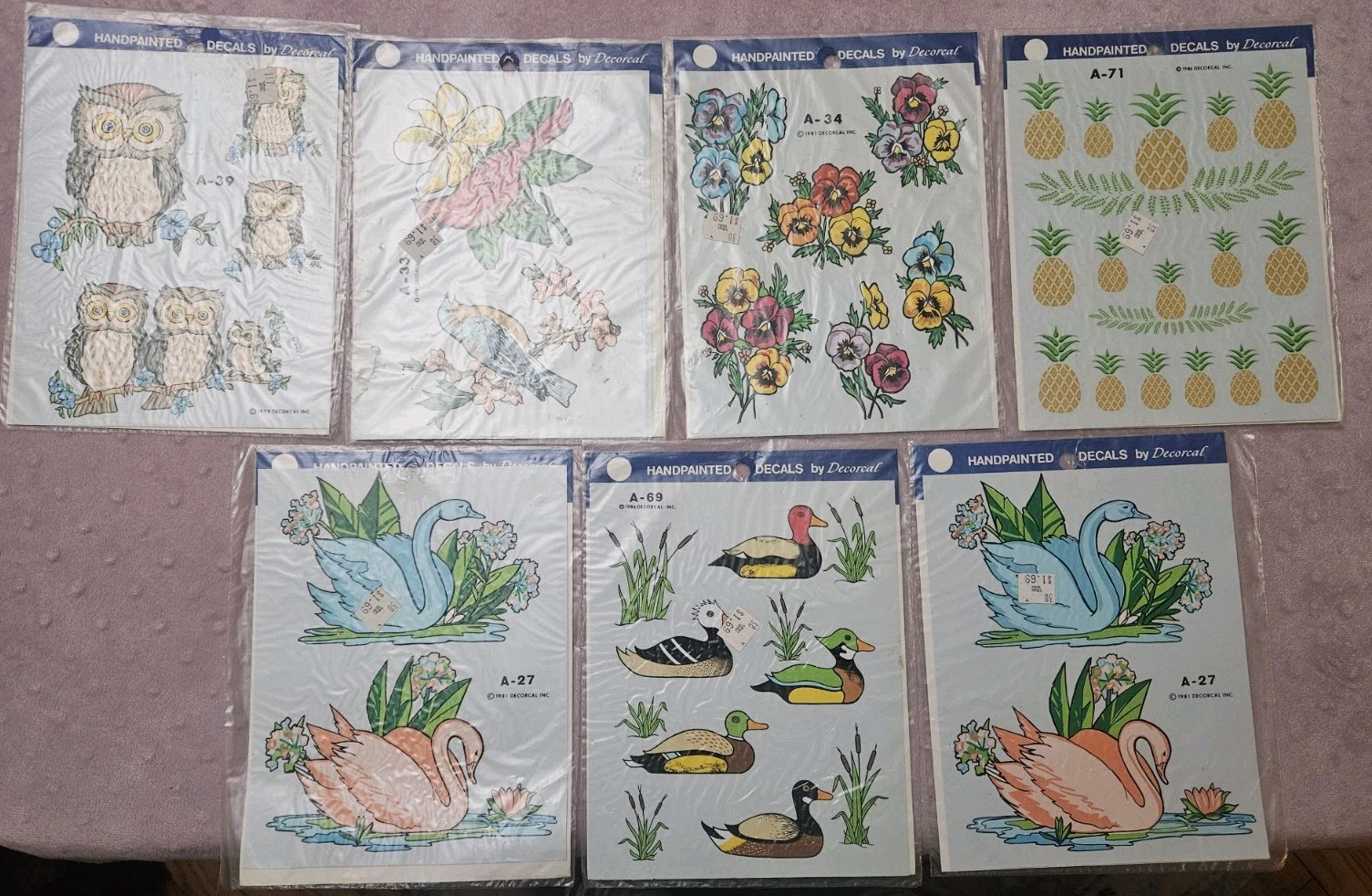 Vtg Hand Painted Decals By Decoral Owl Bird Flower Duck Swan Pineapple Lot Of 7