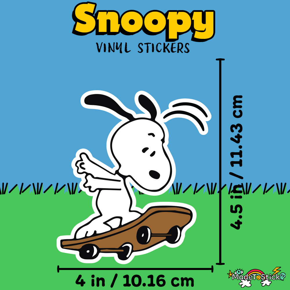 Peanuts Snoopy playing with a skateboard, cute and fun sticker 4"W x 4.5"H