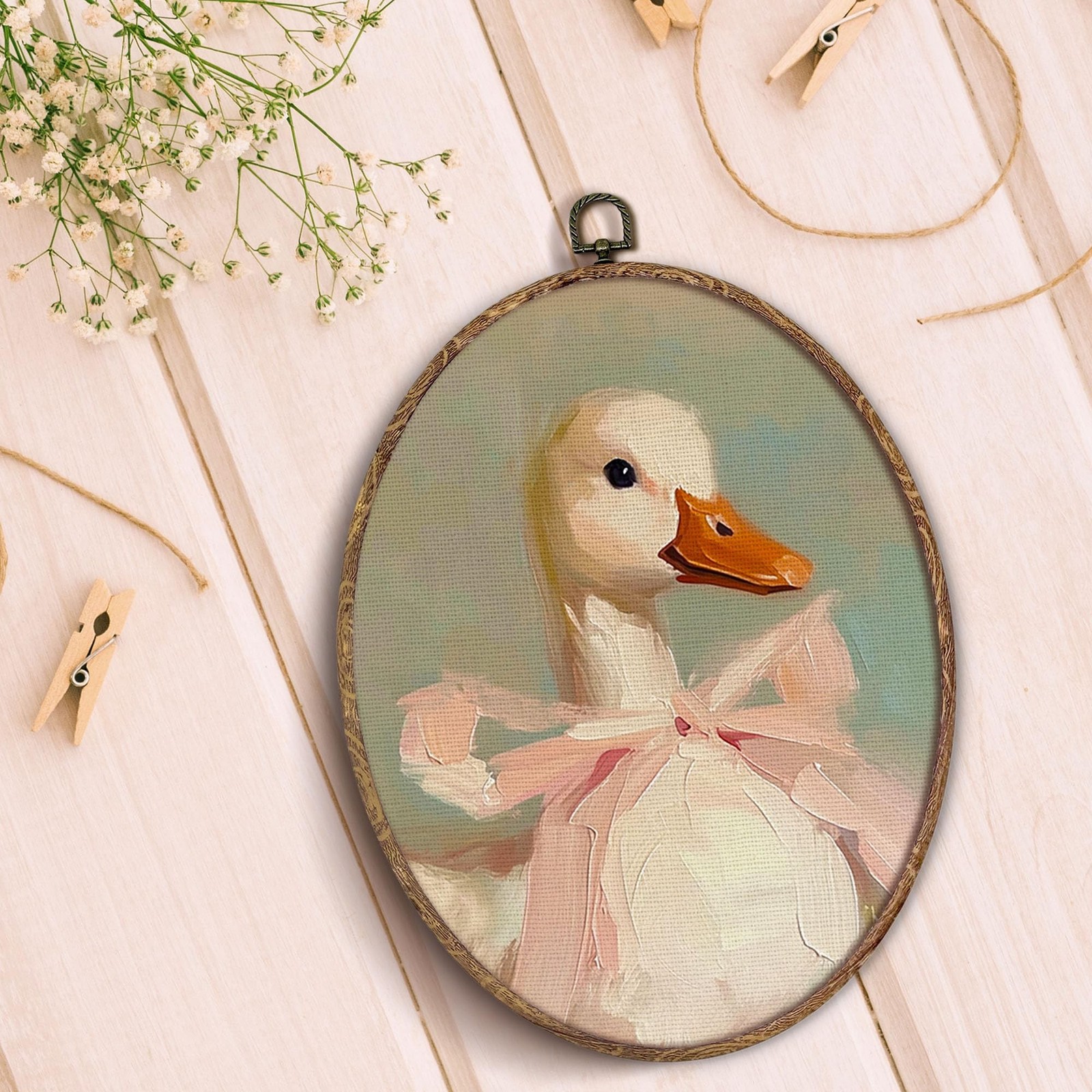 Coquette Pink Bow Duck Oval Wall Art Framed, Preppy Girly Oval Wall Decor, Vi…