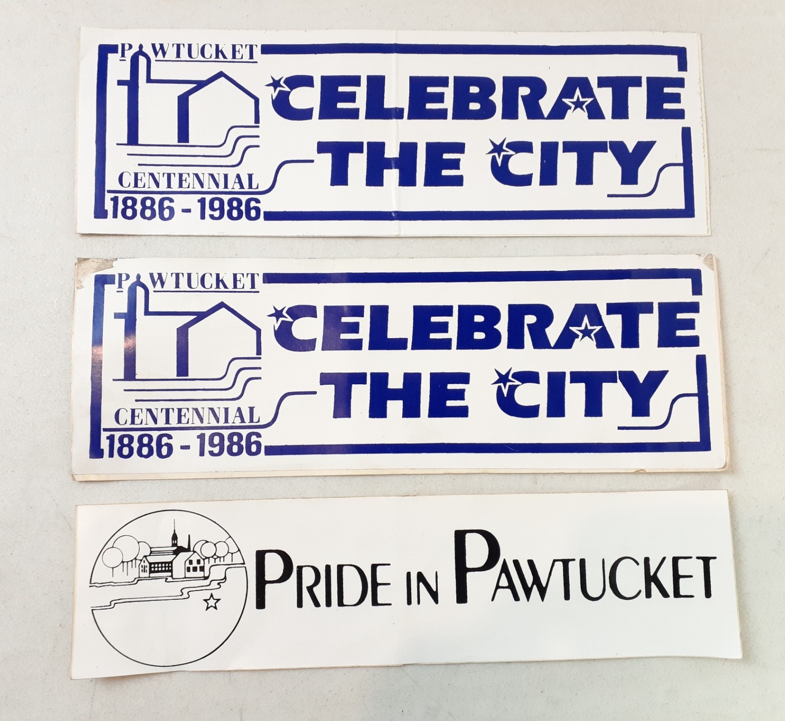 Lot of 3 VINTAGE Pawtucket Rhode Island Bumper Stickers Pride 1986 Centennial