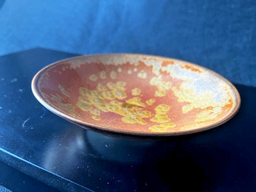 Baba Shinemon Japanese Crystal Glaze Tea Bowl Gold Orange Chawan Signed
