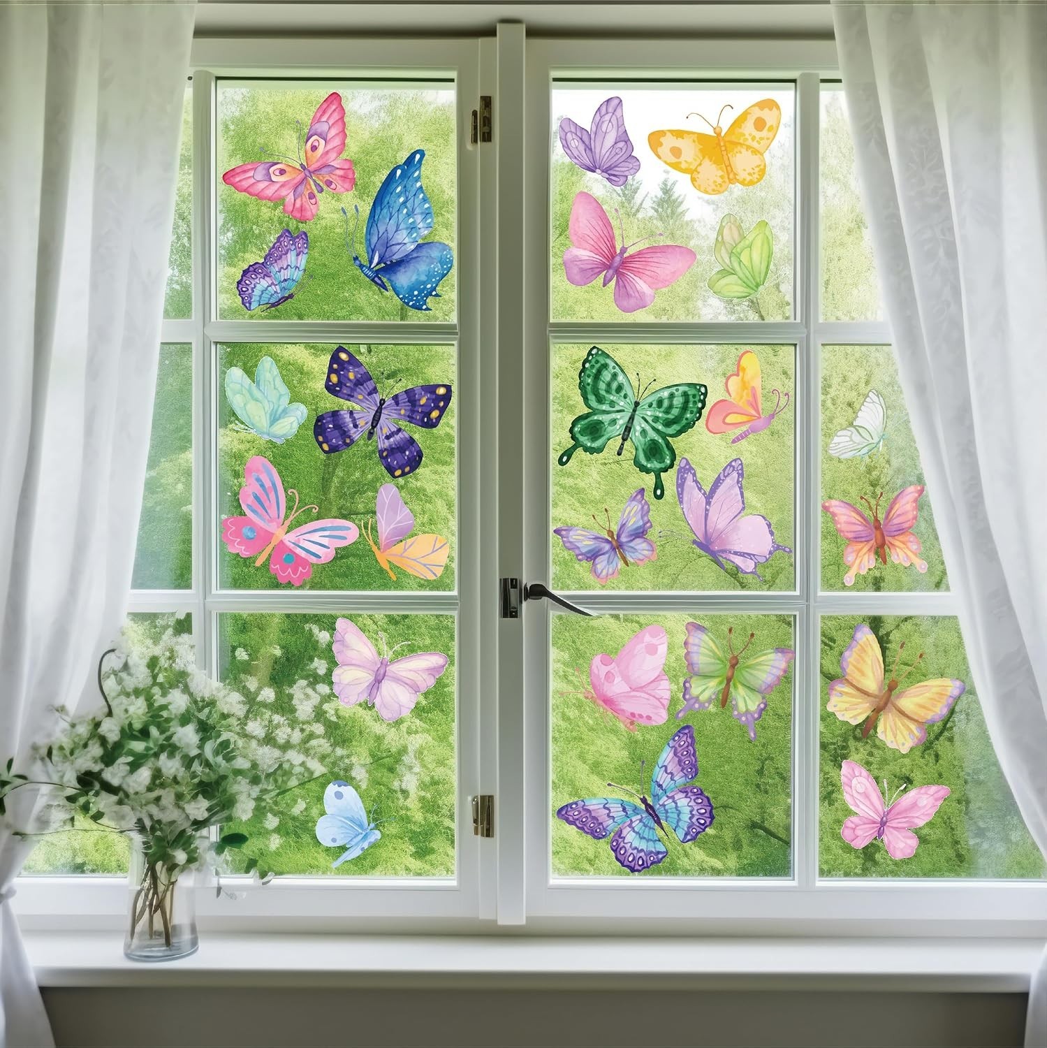 Spring Window Cling Sticker – 83PCS Tulip Butterfly Flower Hummingbirds Windo…