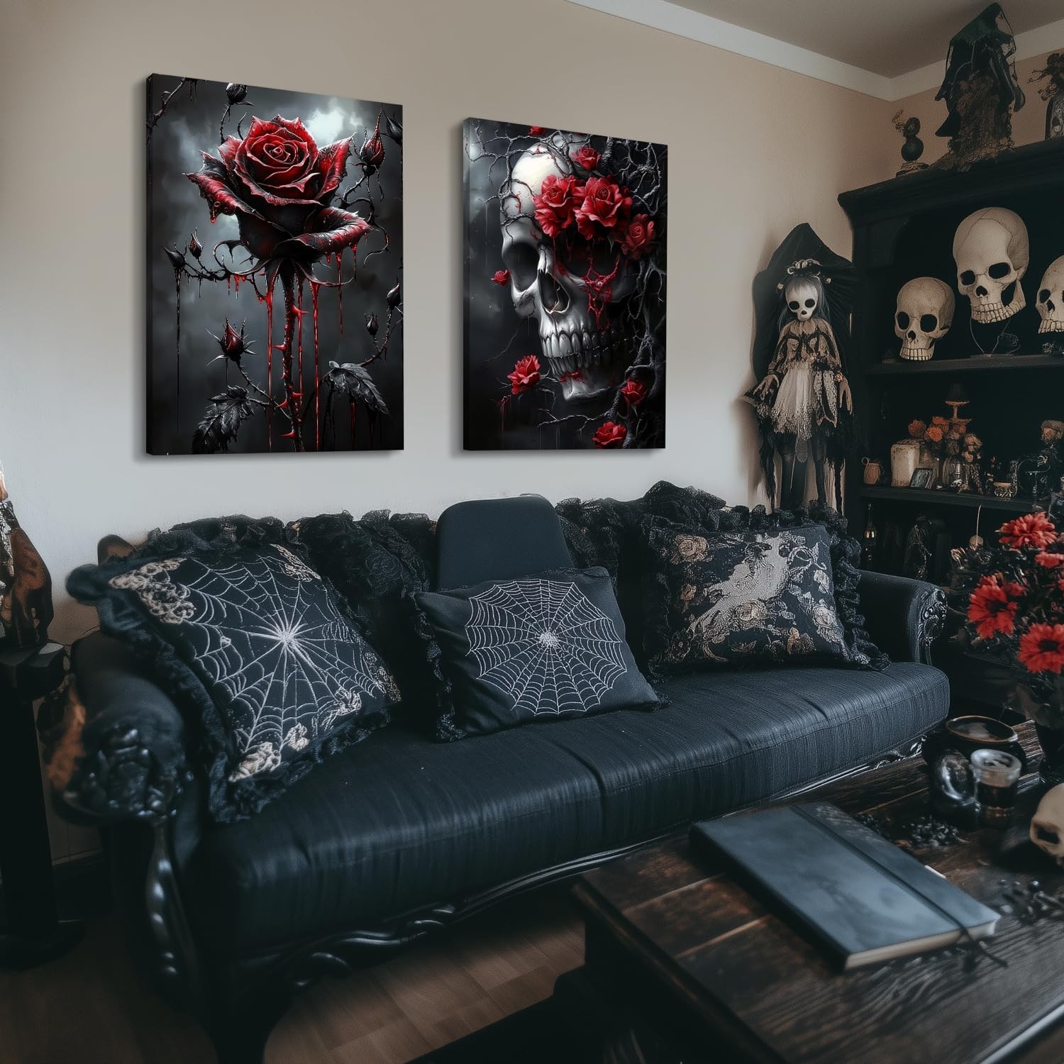 Horror Gothic Canvas Wall Art, Romance Raven Rose Halloween Wall Decor, Blood…