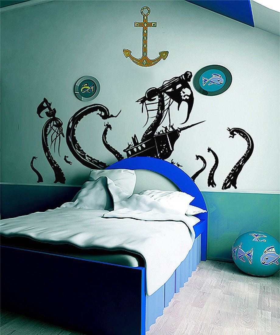Pirate Ships attacked by Kraken Wall Decal Sticker. Beach Nautical Theme Decor.