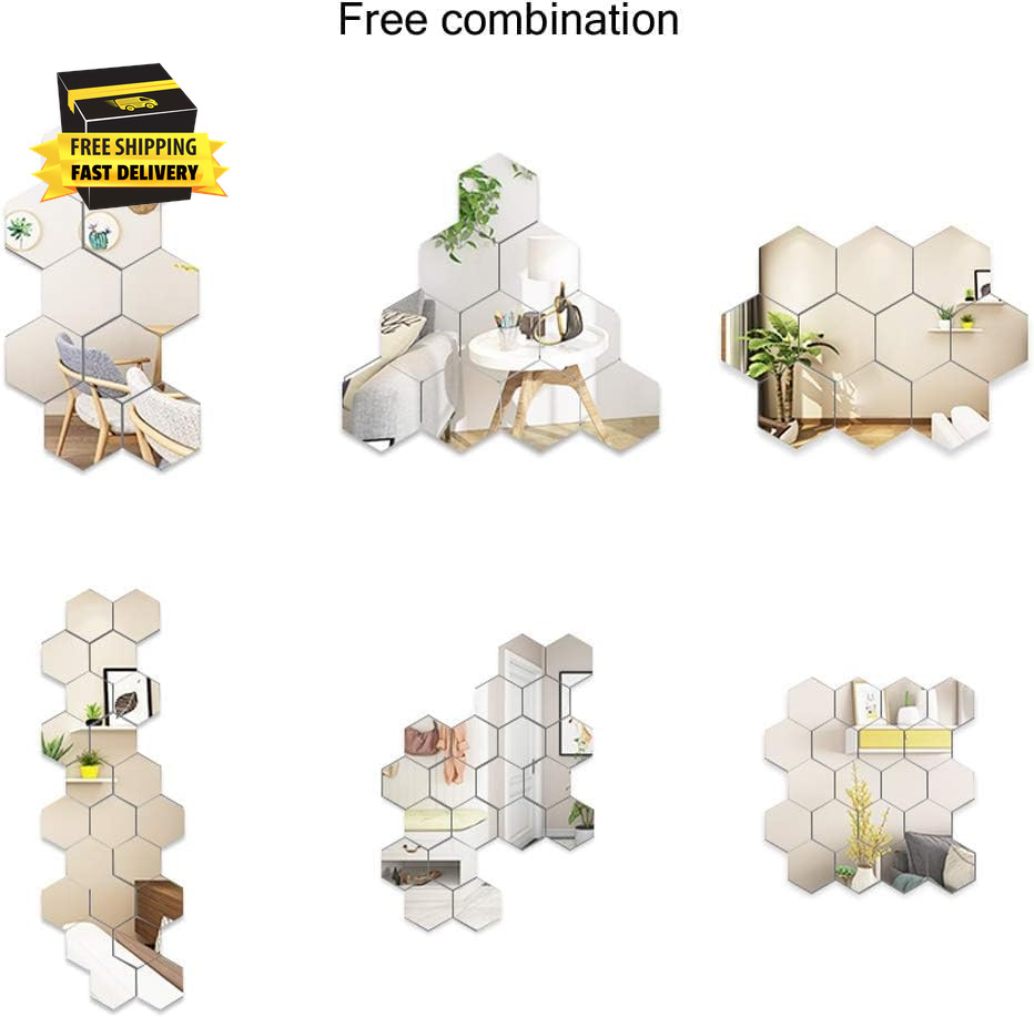 Mirror Wall Stickers – 12PCS Hexagon Art DIY Decorative Acrylic Sheet Plastic Ti