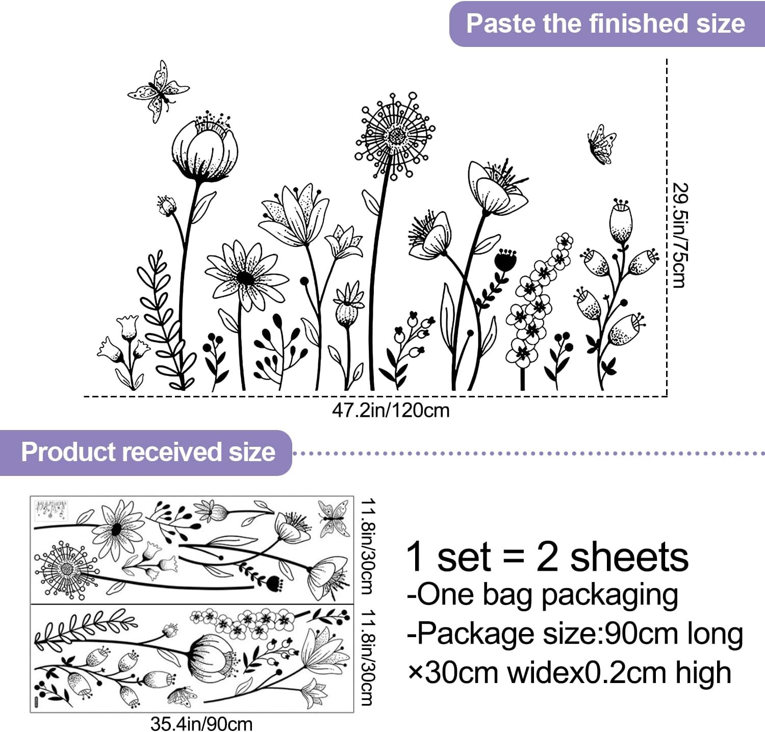Black Flower Wall Decals Peel and Stick Simple Boho Flower Wall Sticker Wildflow