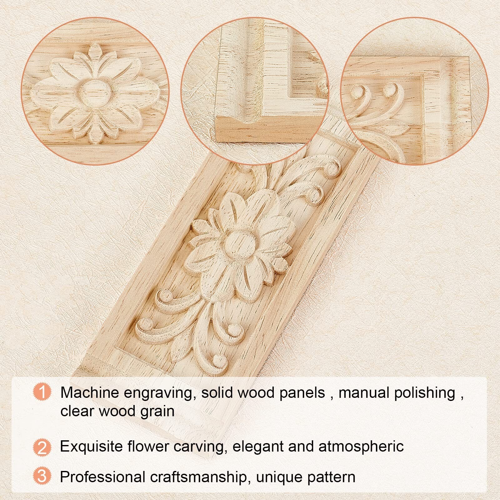 SUPERFINDINGS 2PCS Rectangle with Flower Wood Carving Decal 6.3×2.4inch Unpai…