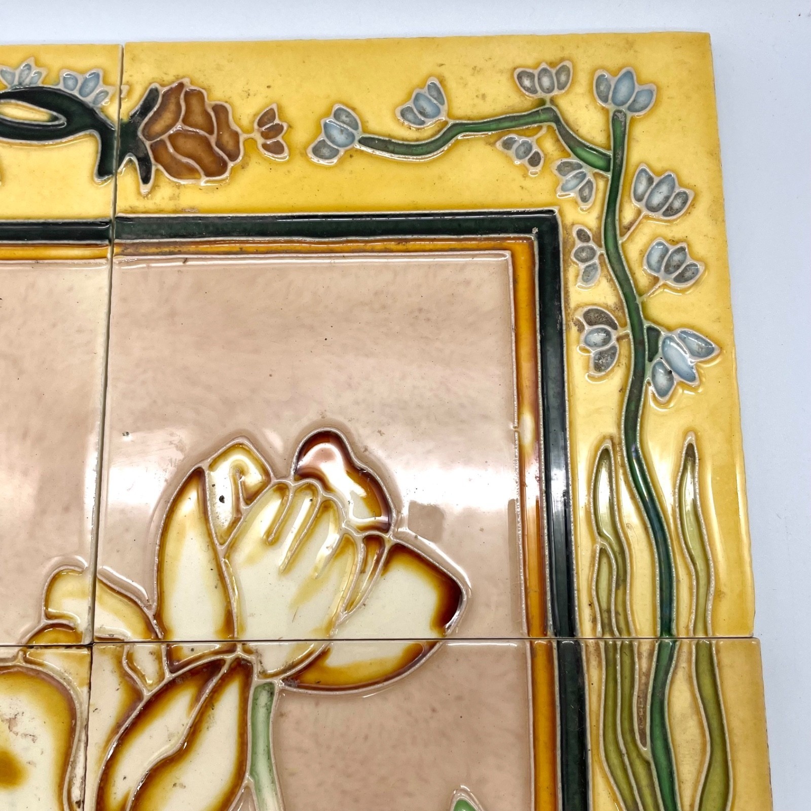 Art Nouveau Style Floral Ceramic Tile Mural 6-Piece Set Yellow Brown