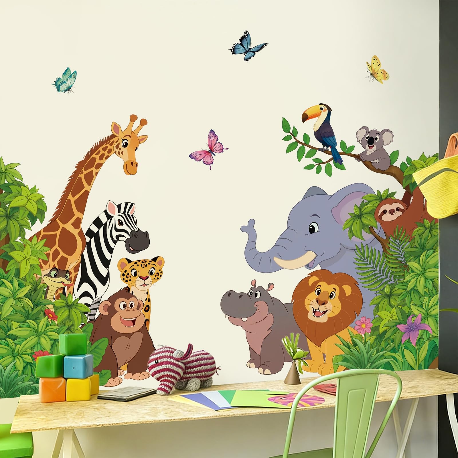 Cartoon Jungle Animal Wall Sticker Peel and Stick, Vinyl Safari Wall Decal, E…