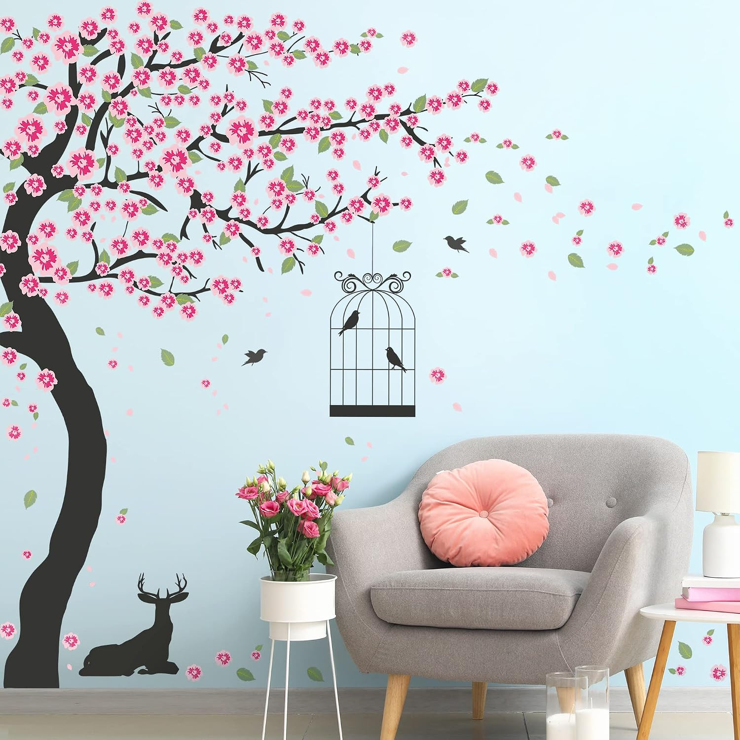 6 PCS Pink Peach Flowers Wall Decals Cherry Blossom Tree Wall Stickers DIY Remov
