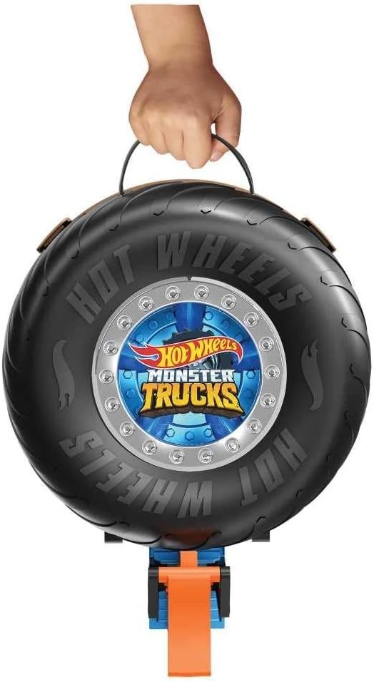 Toy Monster Trucks Playset, Tire-Shaped Case Transforms into Race Course, 3 T…