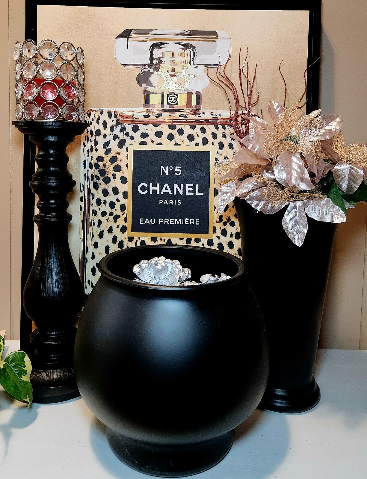 Black three piece decor set: Ceramic round vase, medium vase, & candle holder.
