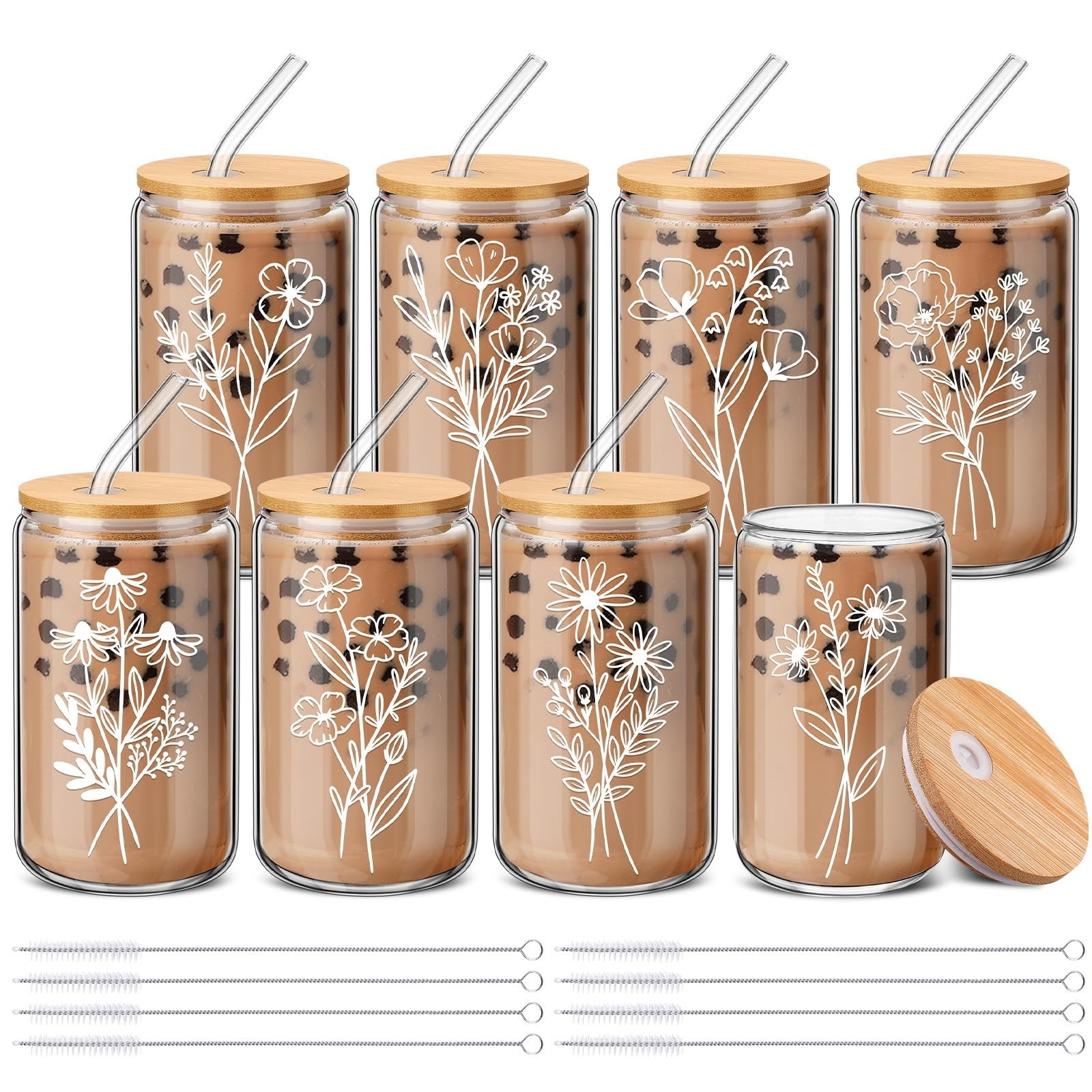 8 Pcs Spring Floral Glass Cups with Lids and Straws 16 oz Cute Flower Iced Co…