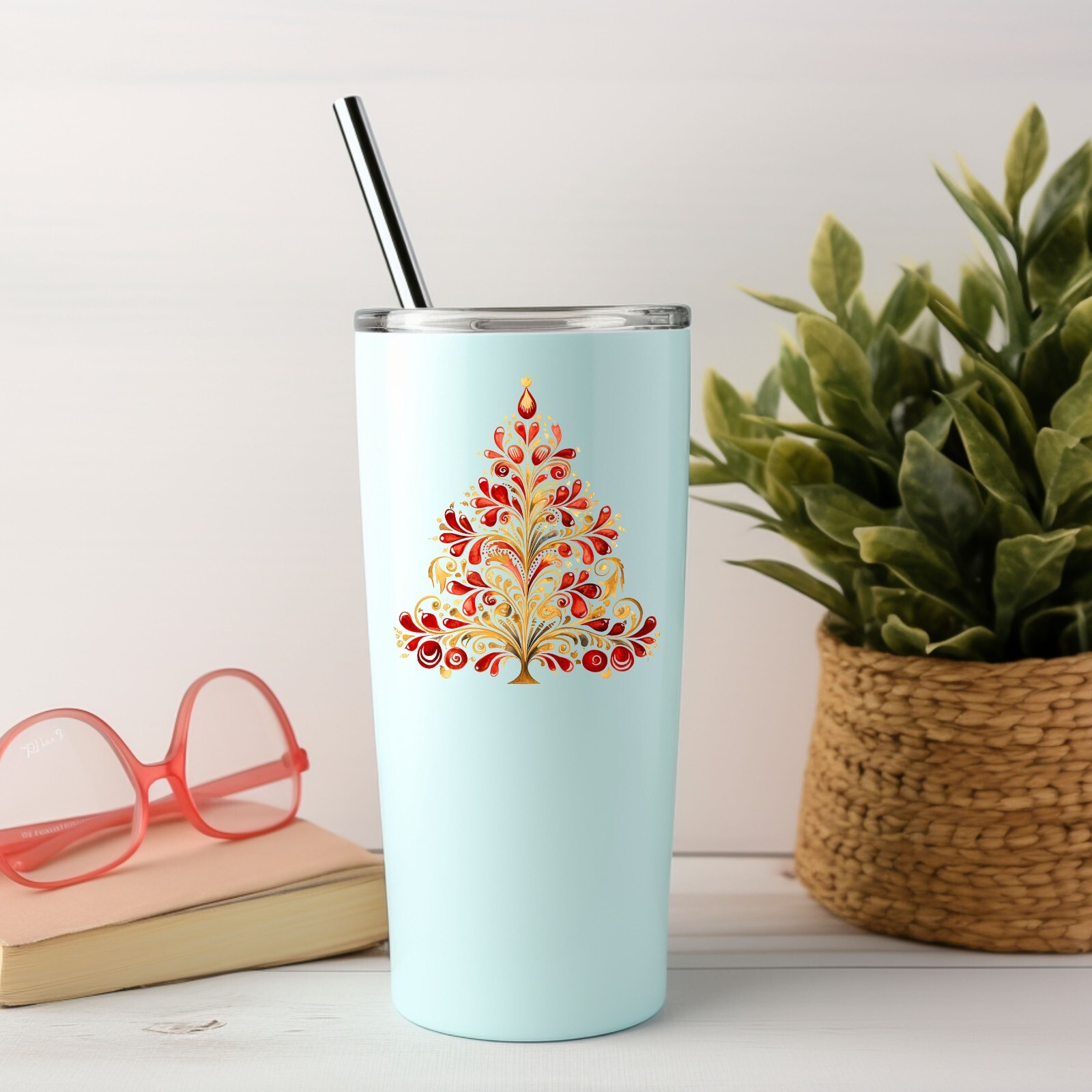 Red and Yellow Nordic Christmas Tree UV DTF Transparent Sticker / Decal
