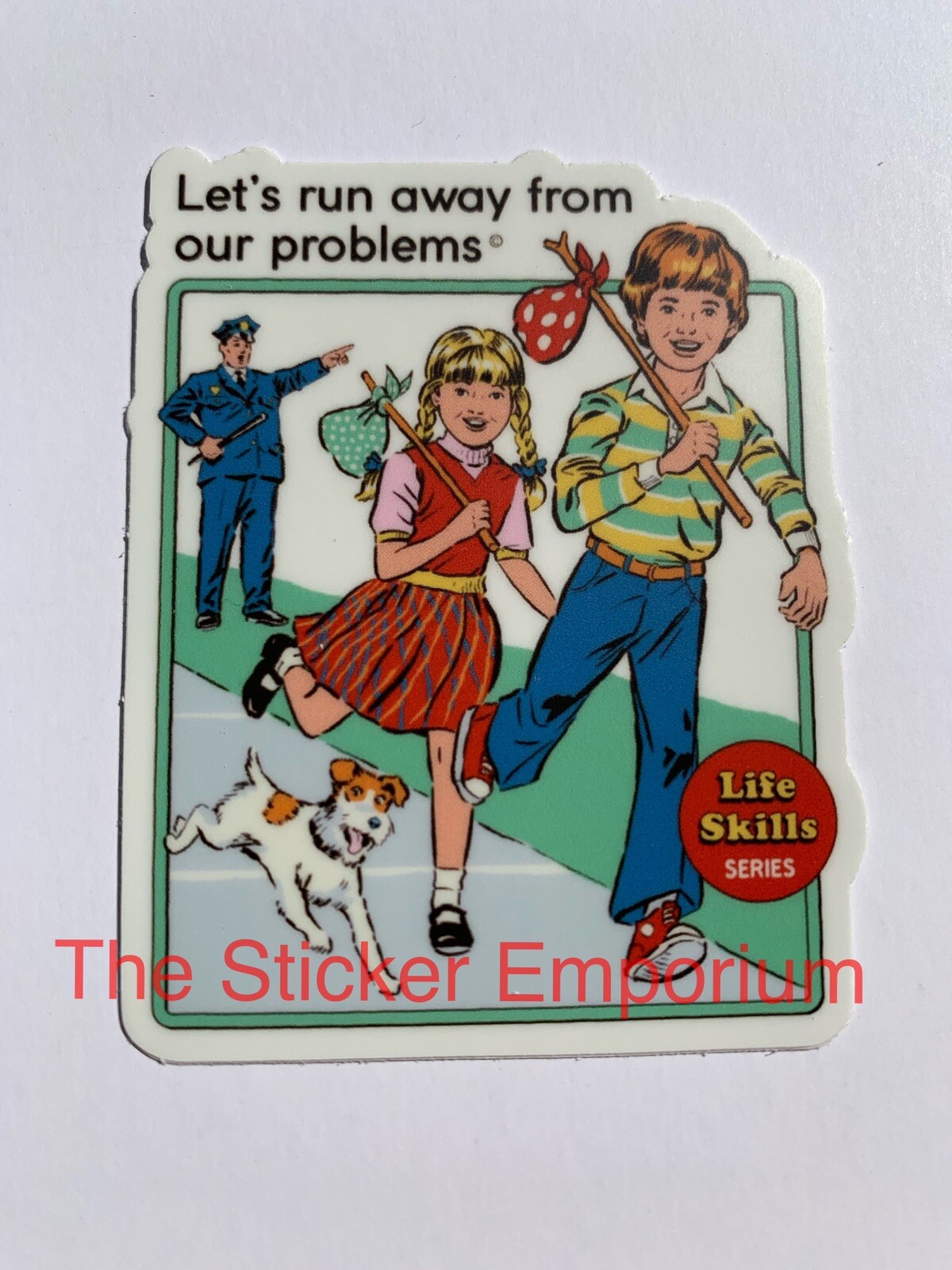 Let’s Run Away From Our Problems Sticker ~ Funny Dick And Jane Book Style Decal