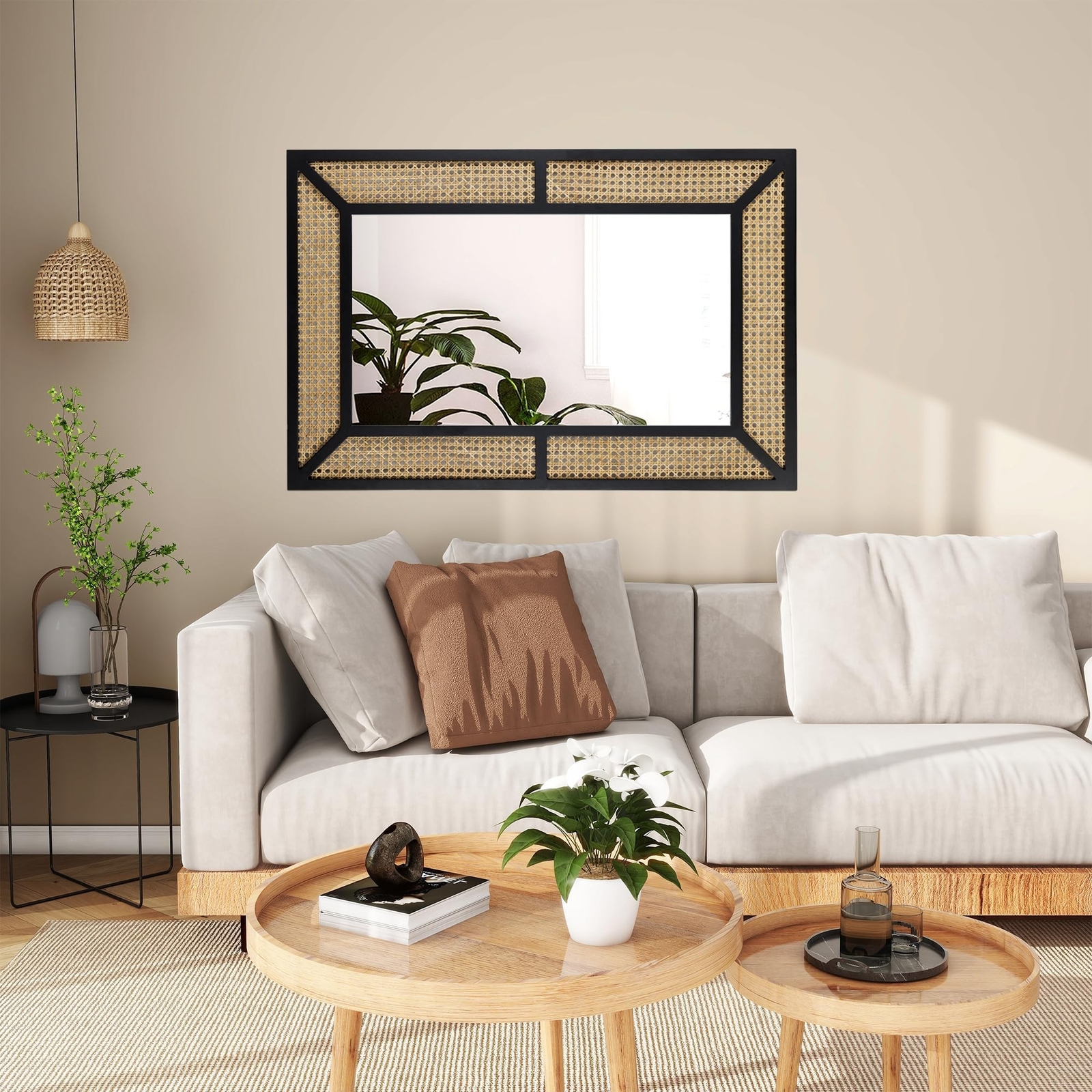 Rattan Mirror for Wall Decor Bohemian Rectangular Large Mirror, Boho Decorati…
