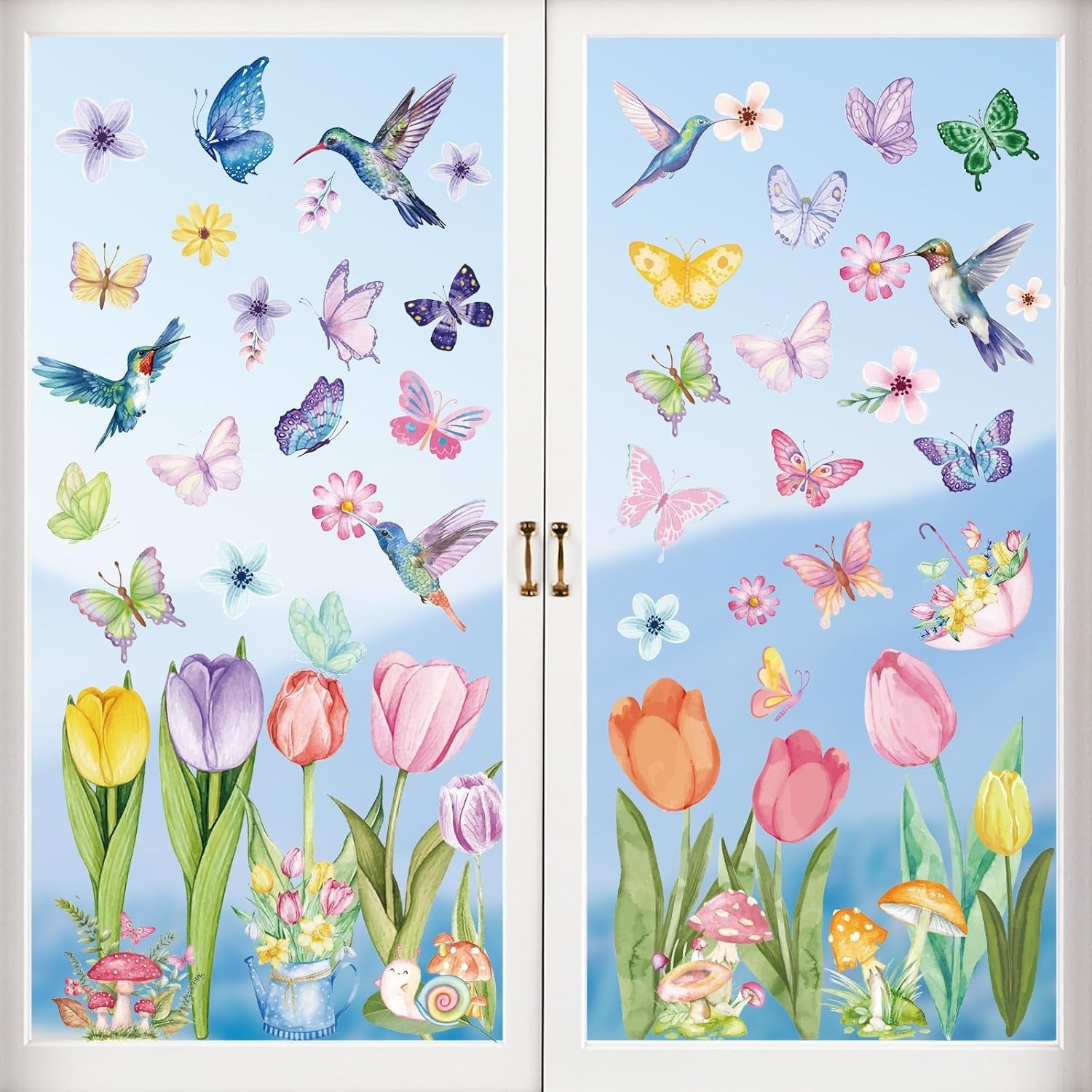 Spring Window Cling Sticker – 83PCS Tulip Butterfly Flower Hummingbirds Windo…