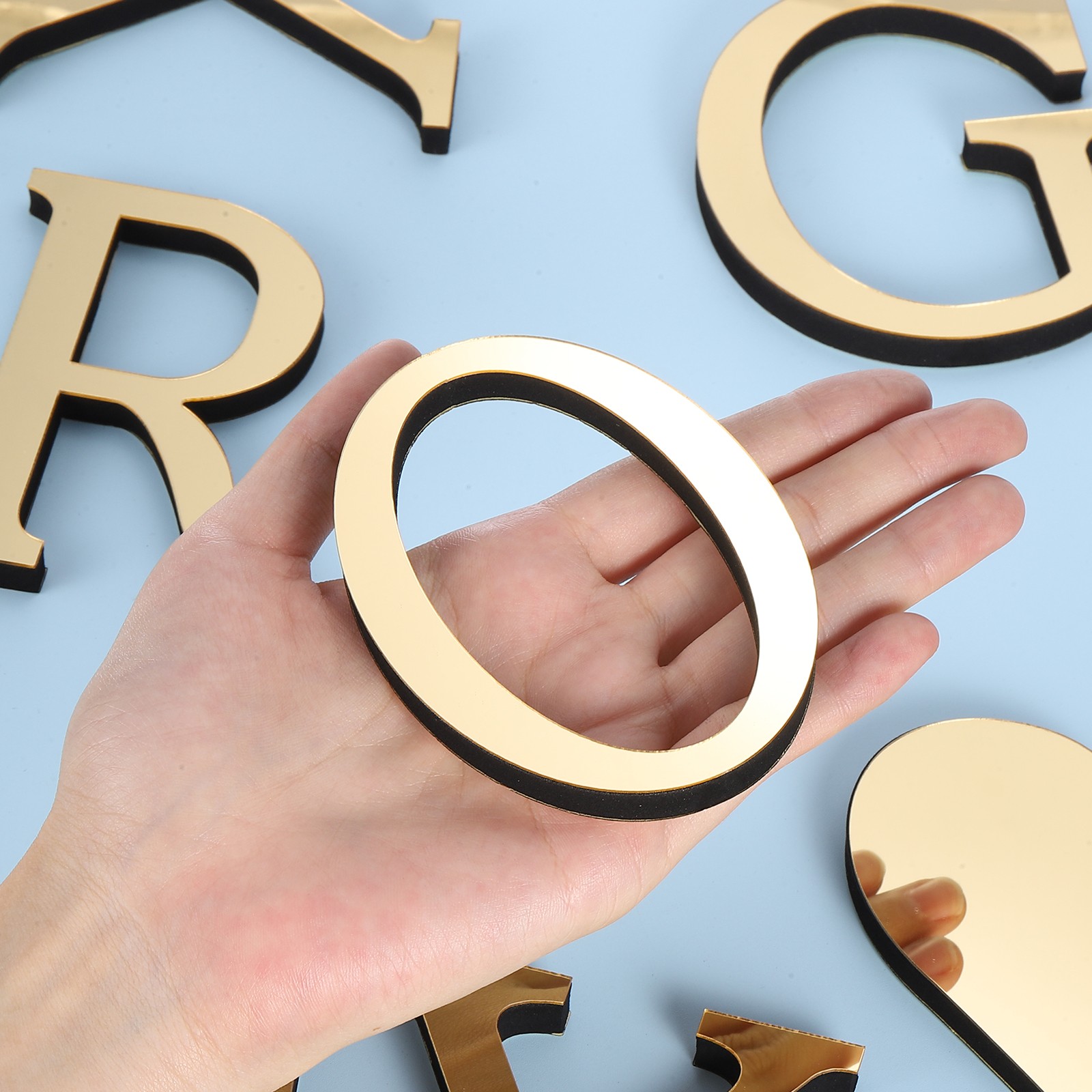 3D Acrylic Alphabet Mirror Wall Stickers Letter O Self-Adhesive Light Gold