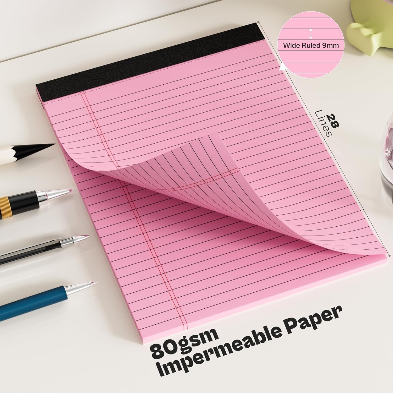 4 Pack Pink Legal Pads 8.5×11 Wide Ruled Notepads 30 Sheets Perforated Paper